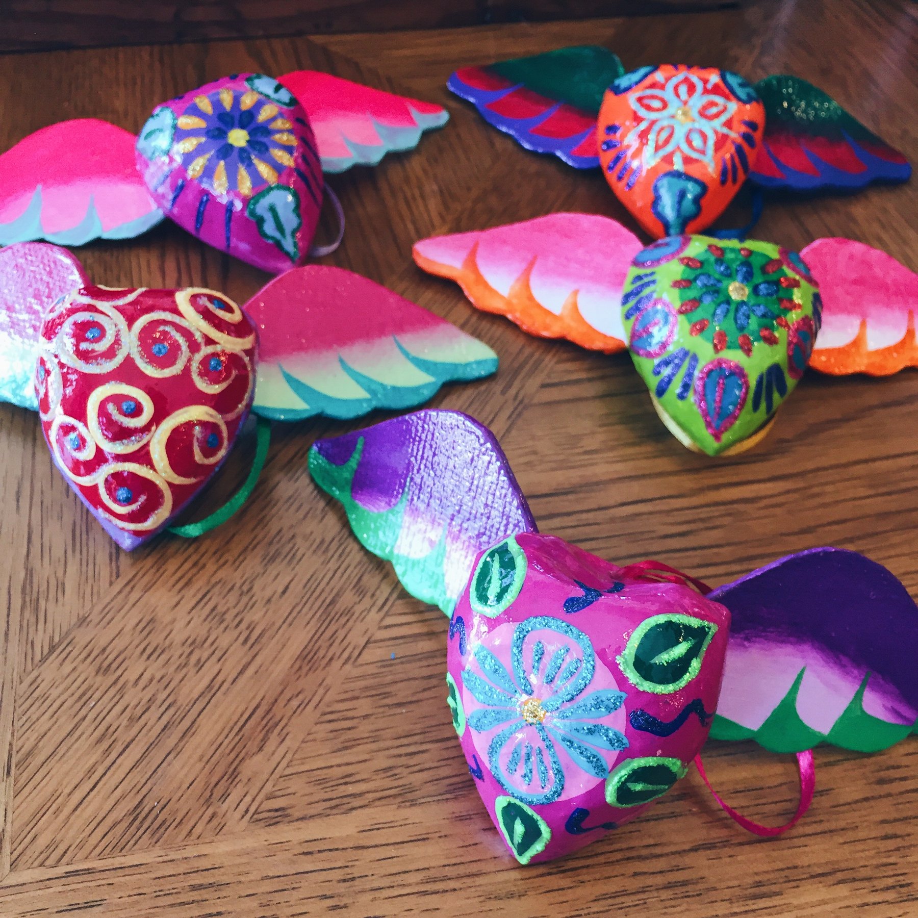 Colorful Hand-painted Paper Mache Heart with Wings Holiday Ornaments ...