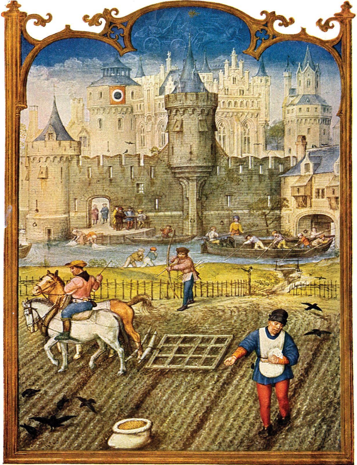 Middle Ages: peasants cultivating fields near walled city ...