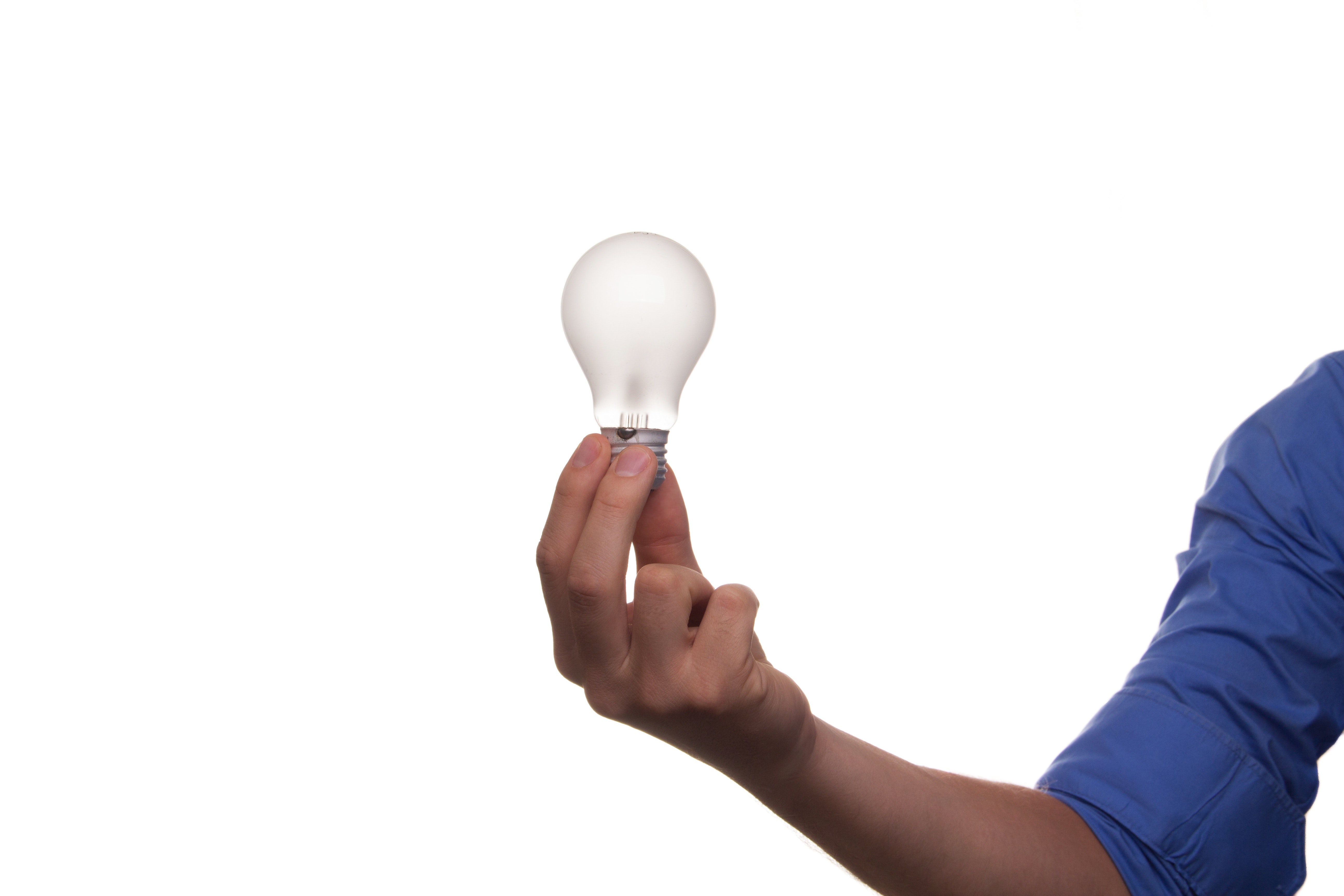 Midsection of Man Holding Hands over White Background, Bulb, Intelligent, Thinking, Solution, HQ Photo