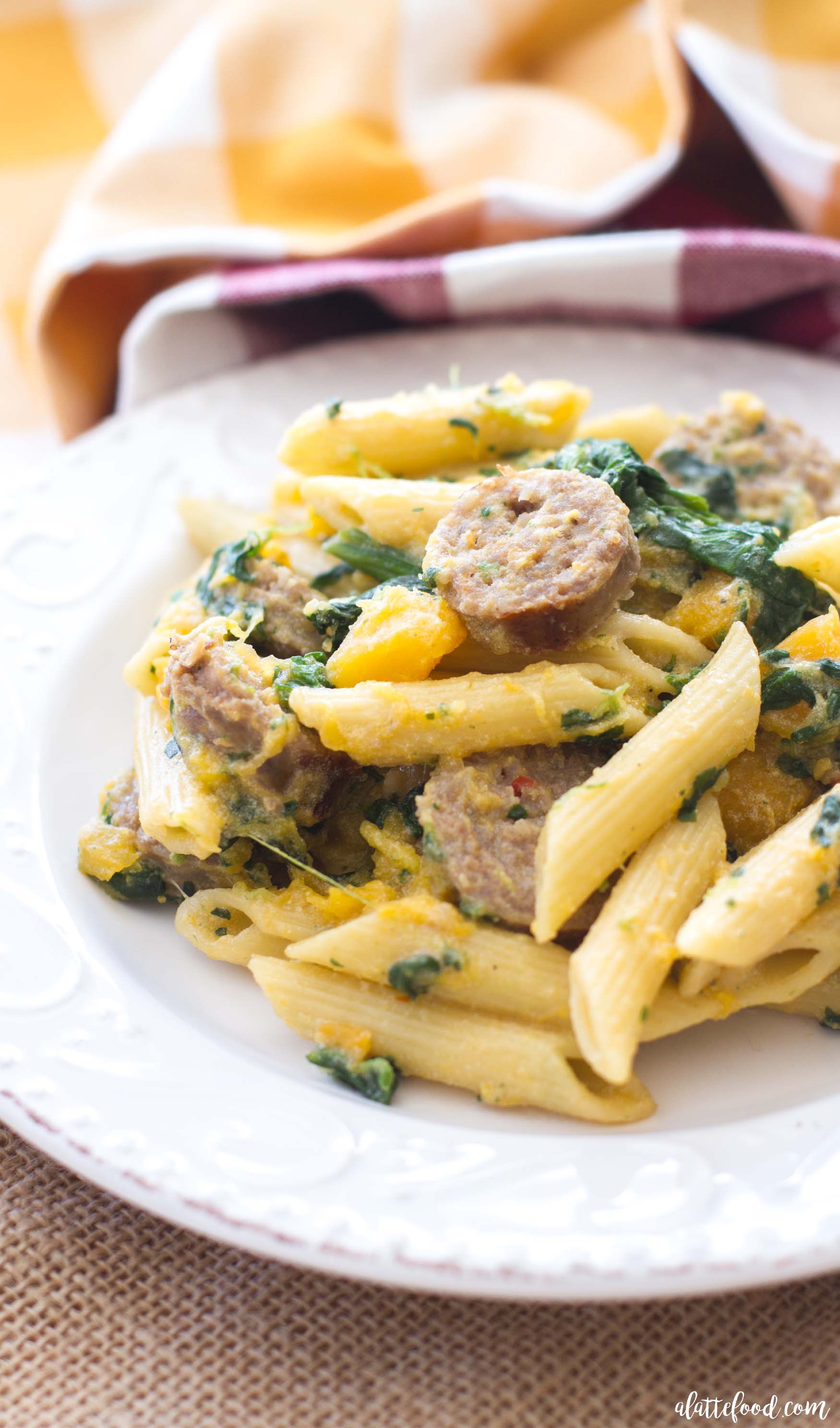 Butternut Squash, Spinach, & Sausage Penne - A Latte Food