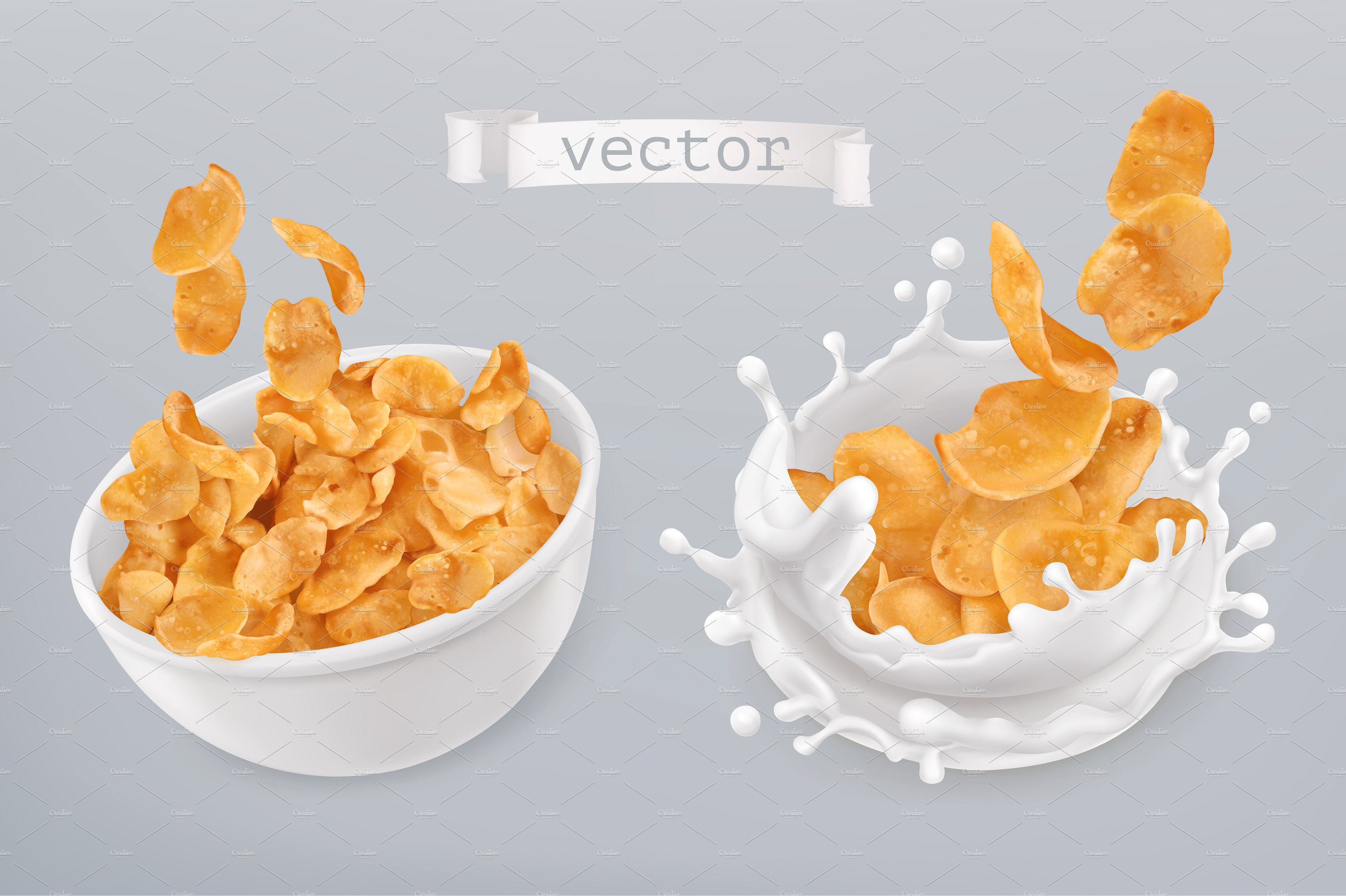 Corn flakes, milk splashes. Vector ~ Illustrations ~ Creative Market