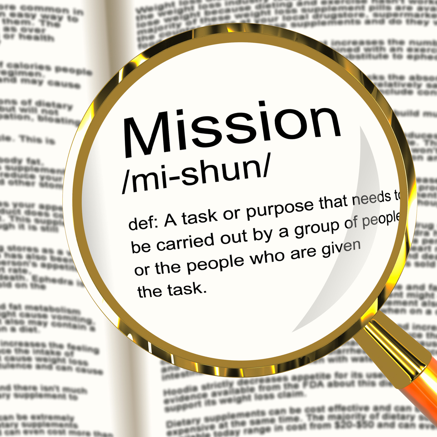 Mission definition magnifier showing task goal or assignment to be don photo