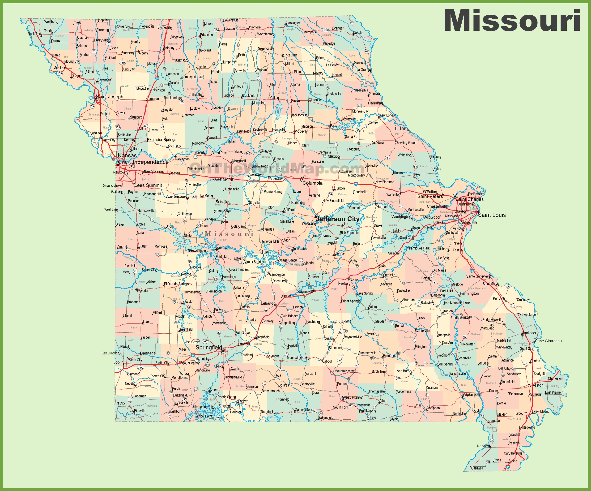 Road map of Missouri with cities ﻿