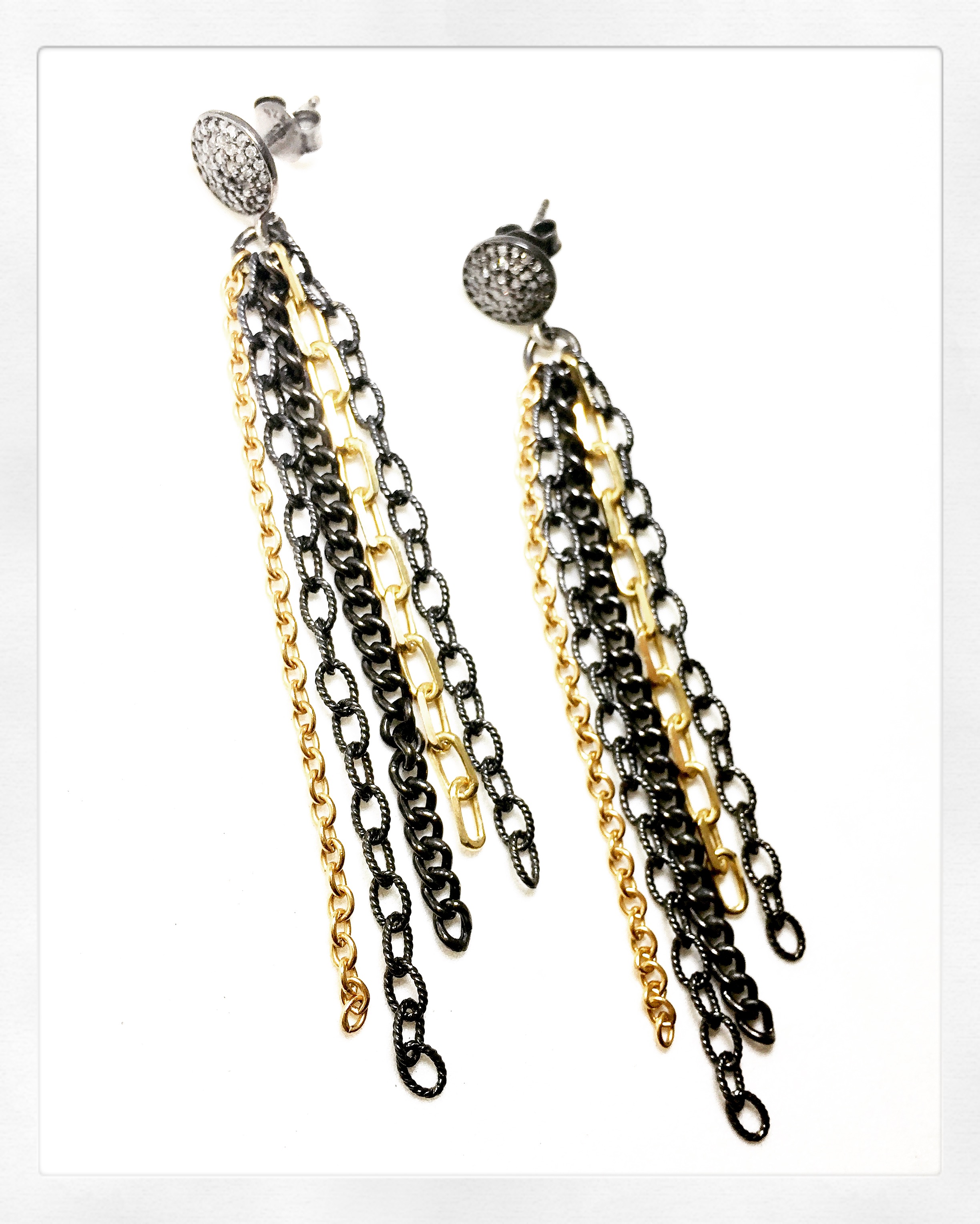 Pave Diamond Stud with Hanging Mixed Metal Chains | Pamela Bloom ...