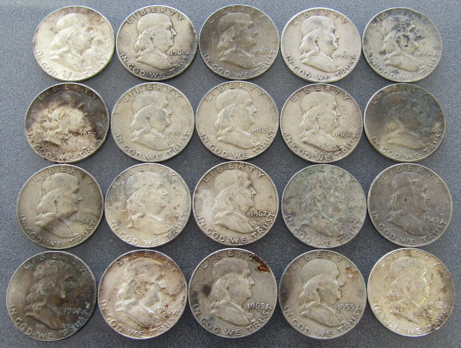 1 ROLL $10 (20 Coins) Mixed Dates Franklin Silver Half Dollars ...