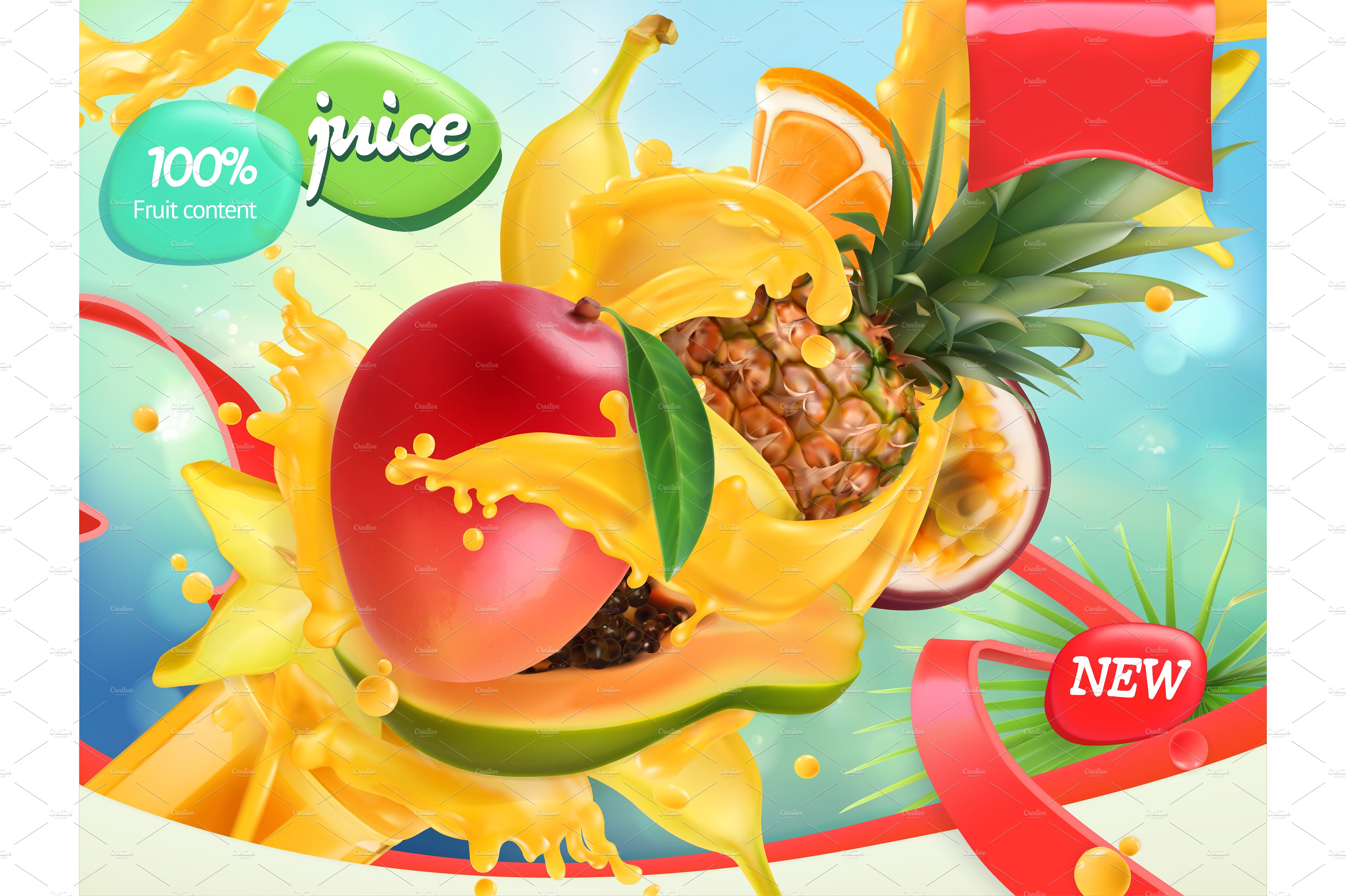 Mix fruits. Splash of juice. Vector ~ Illustrations ~ Creative Market