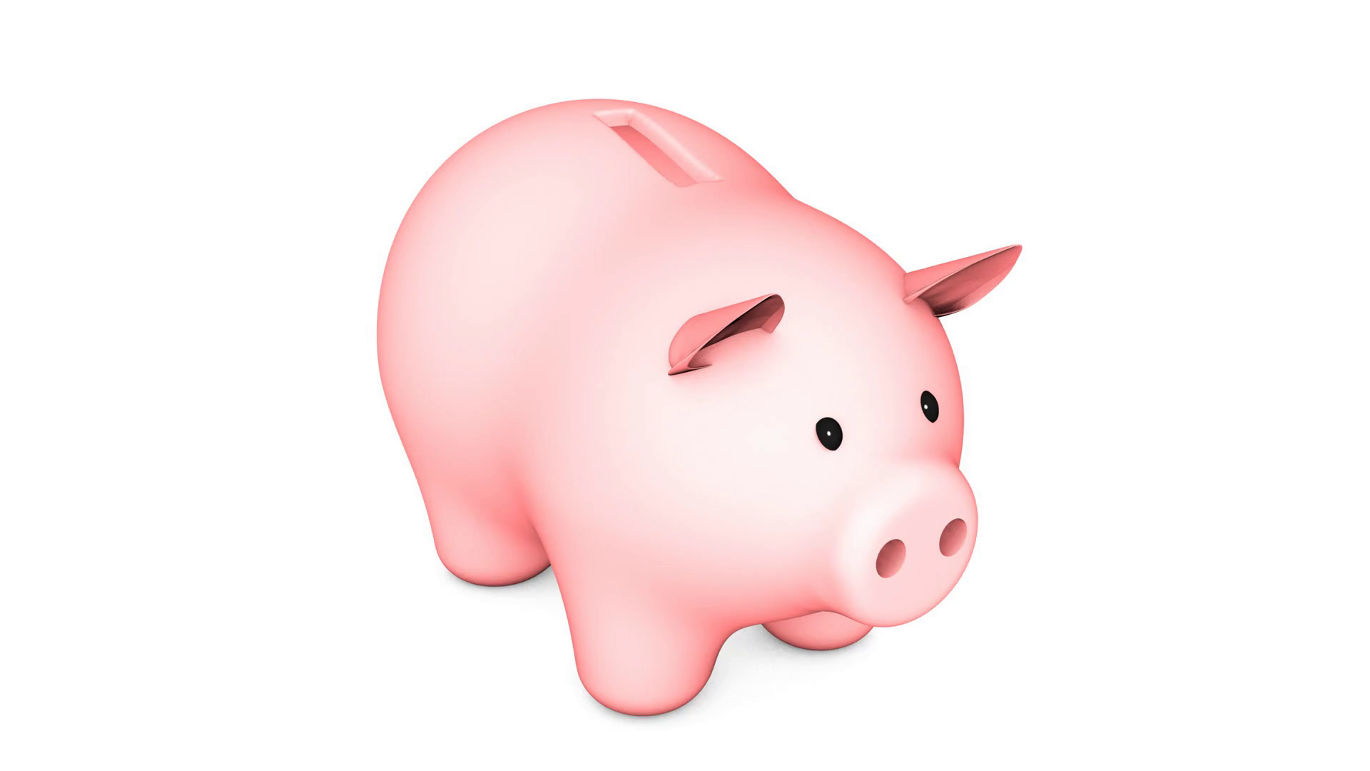 3d animation: Pink piggy bank with Golden (copper) coin on a white ...