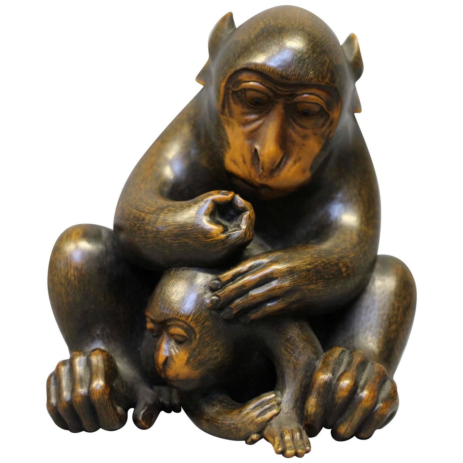 Antique Japanese Carved Wood Okimono of a Mother monkey and Baby ...