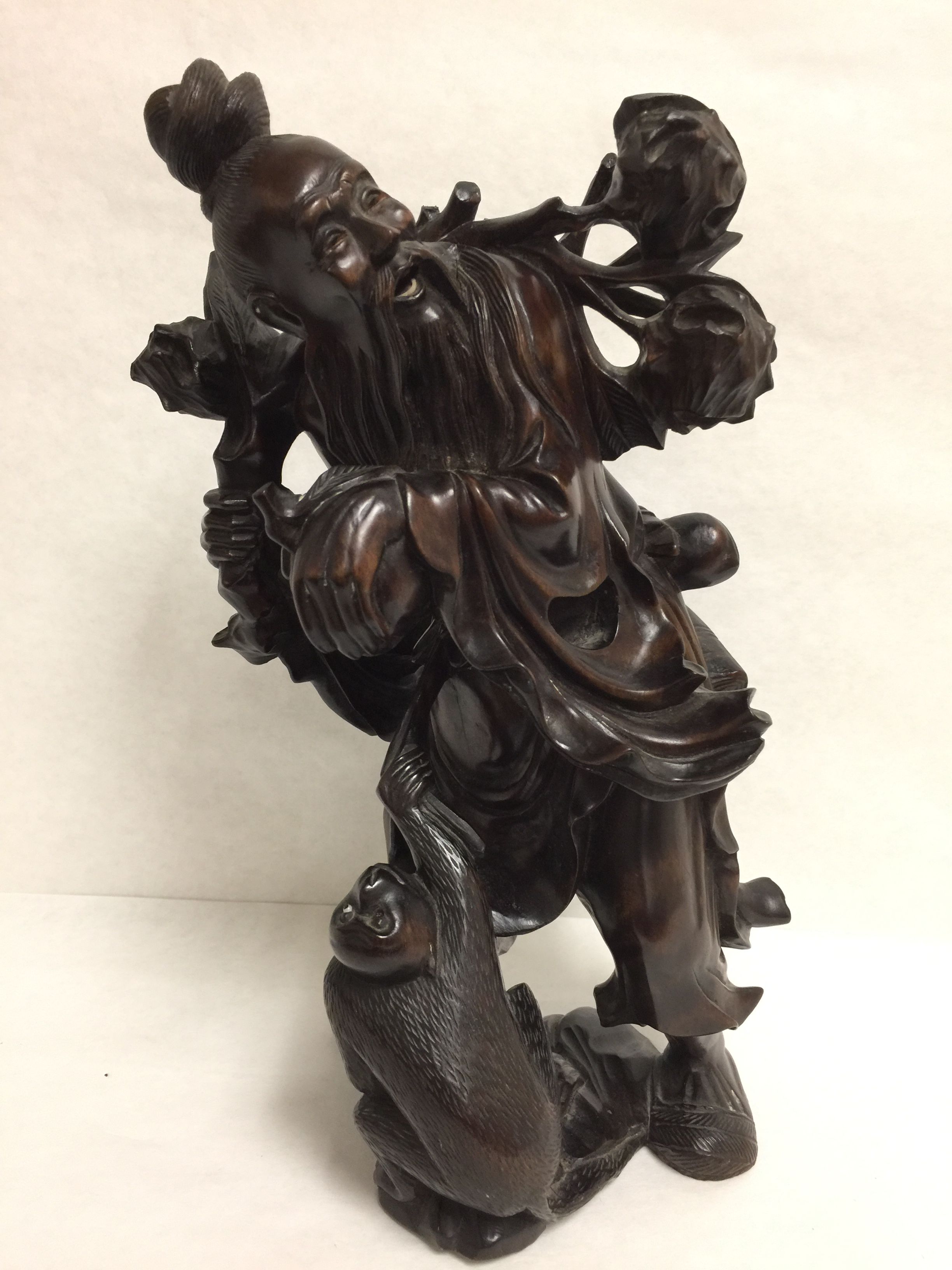 Antique Chinese Wood Statue of Man with monkey at Objets D'Art in ...
