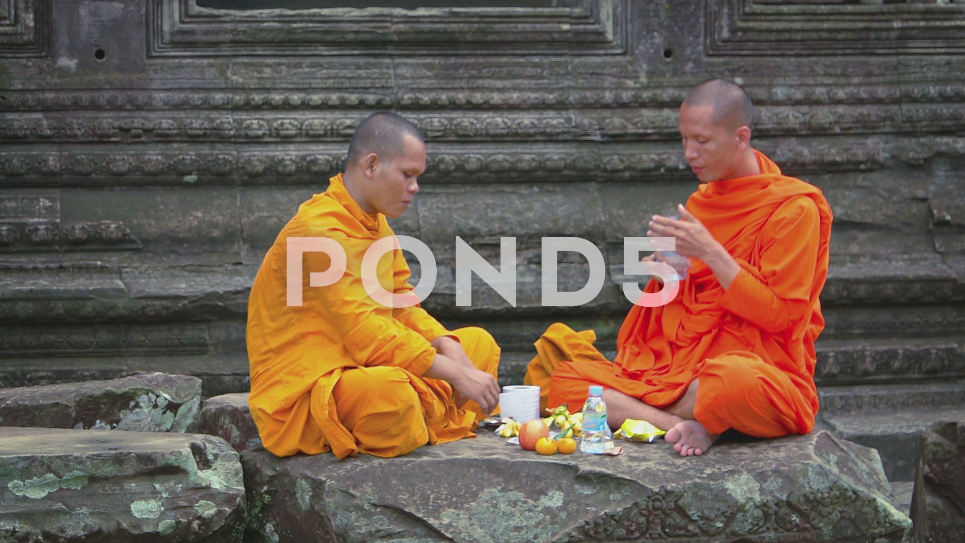 Monks sitting together and sharing a lunch of fruit and water at ...