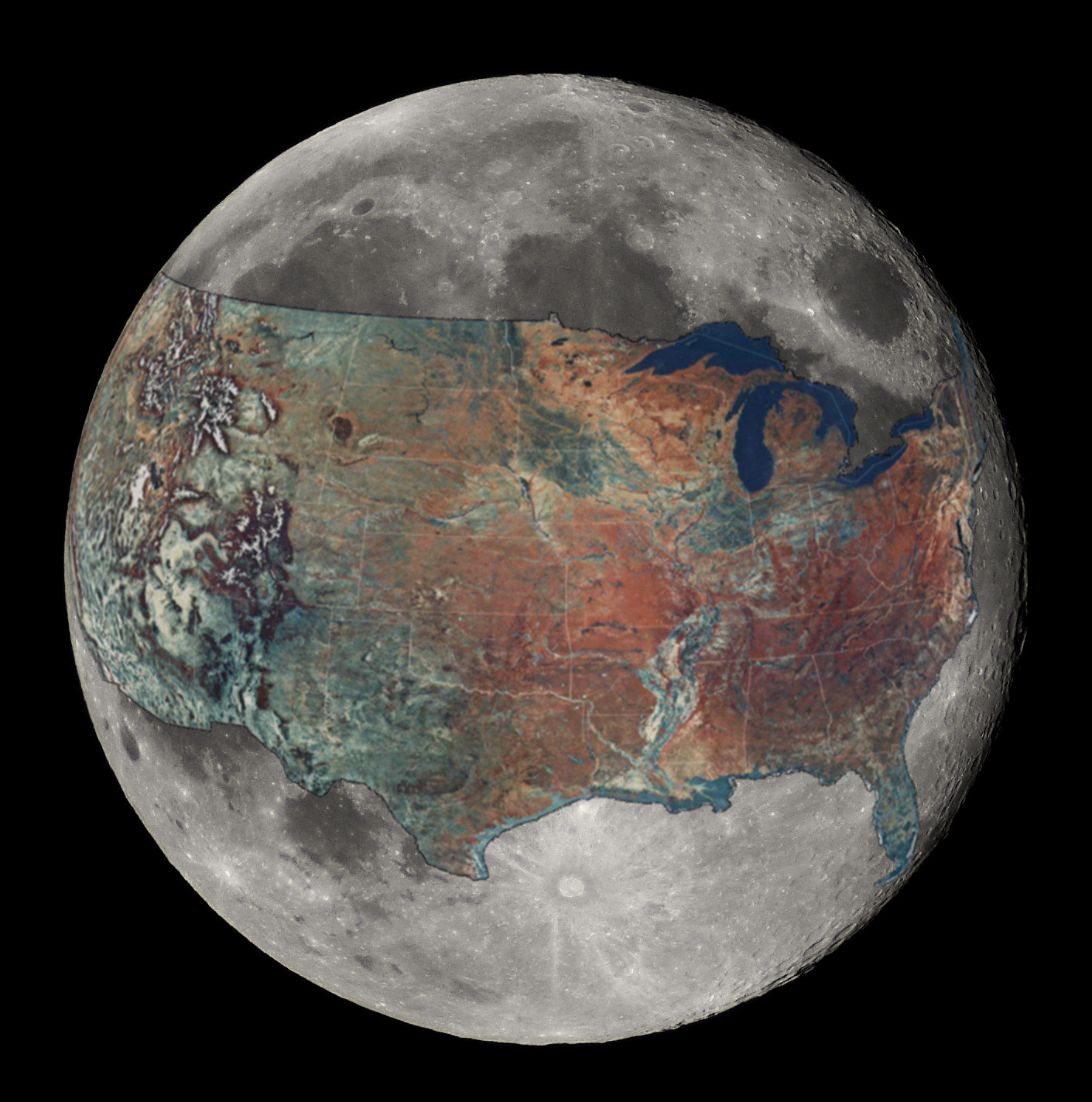 And now for a sense of scale: a map of the U.S. overlaid on the Moon