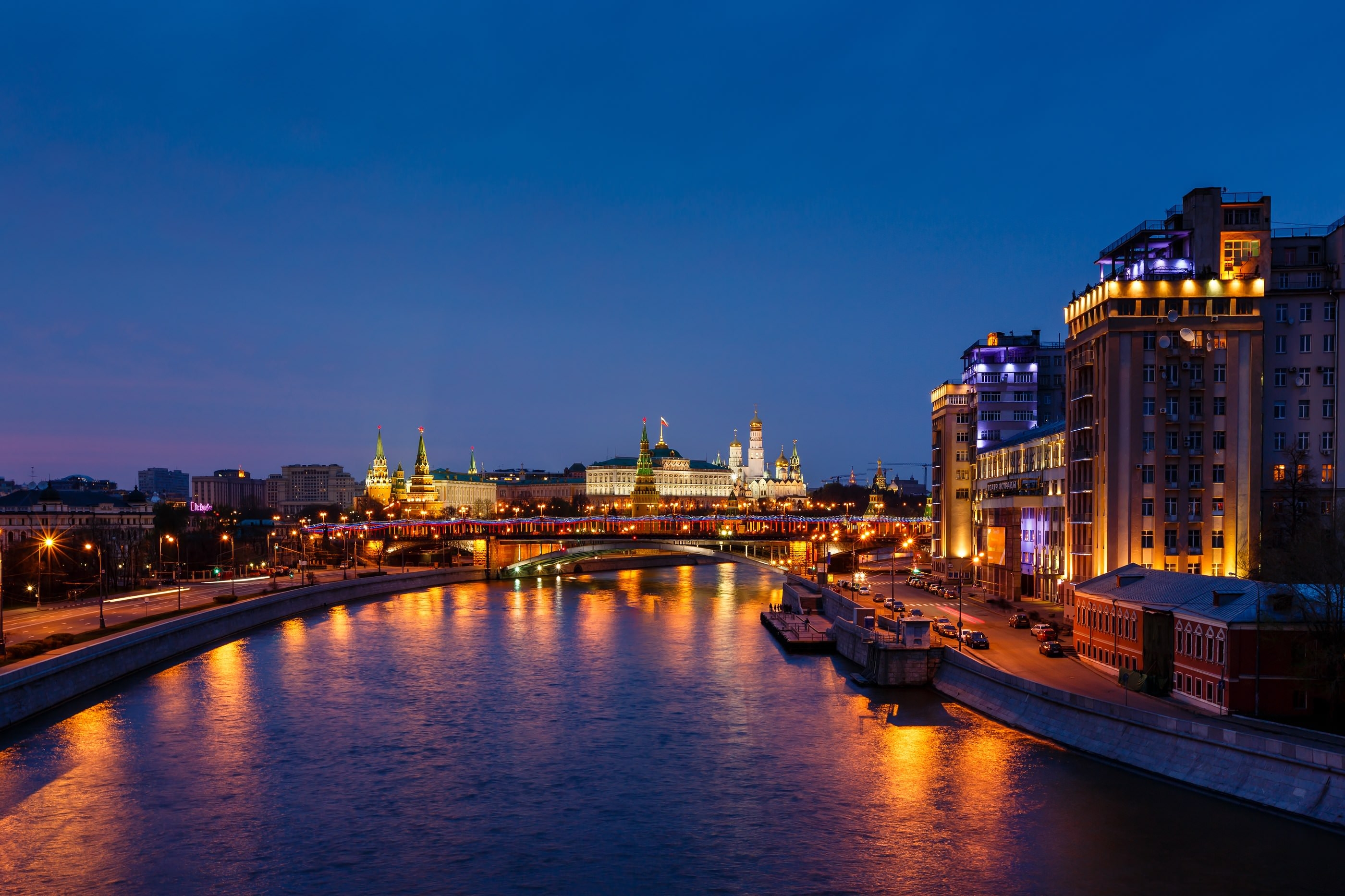Wallpaper Russia, capital, Kremlin, night, Moscow, river, bridge ...
