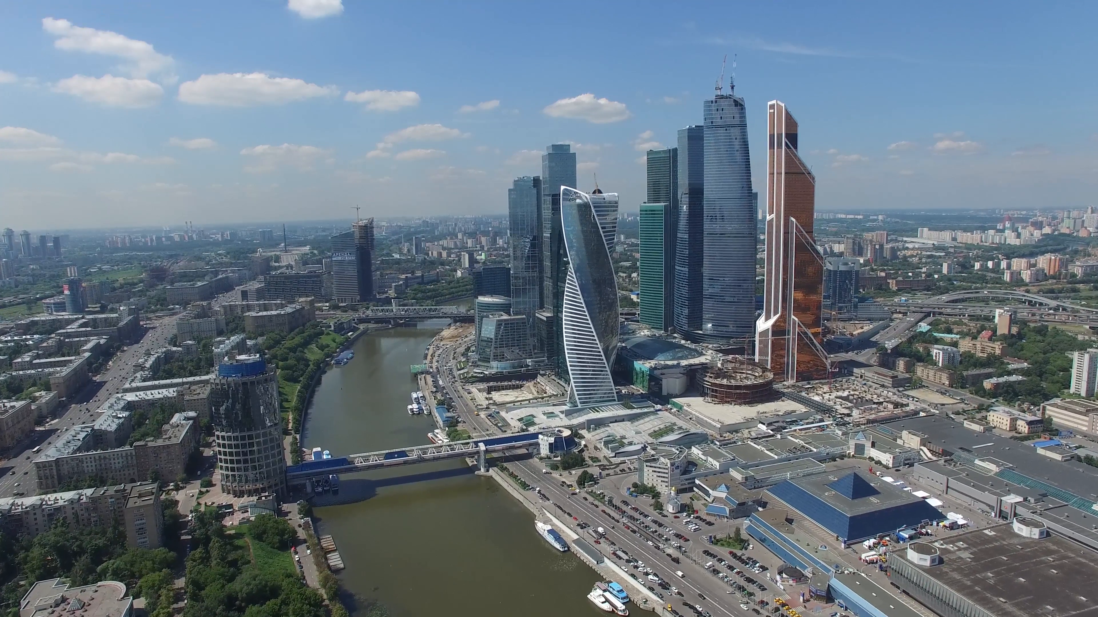 Russian skyscrapers flight over aerial view. Moscow city business ...