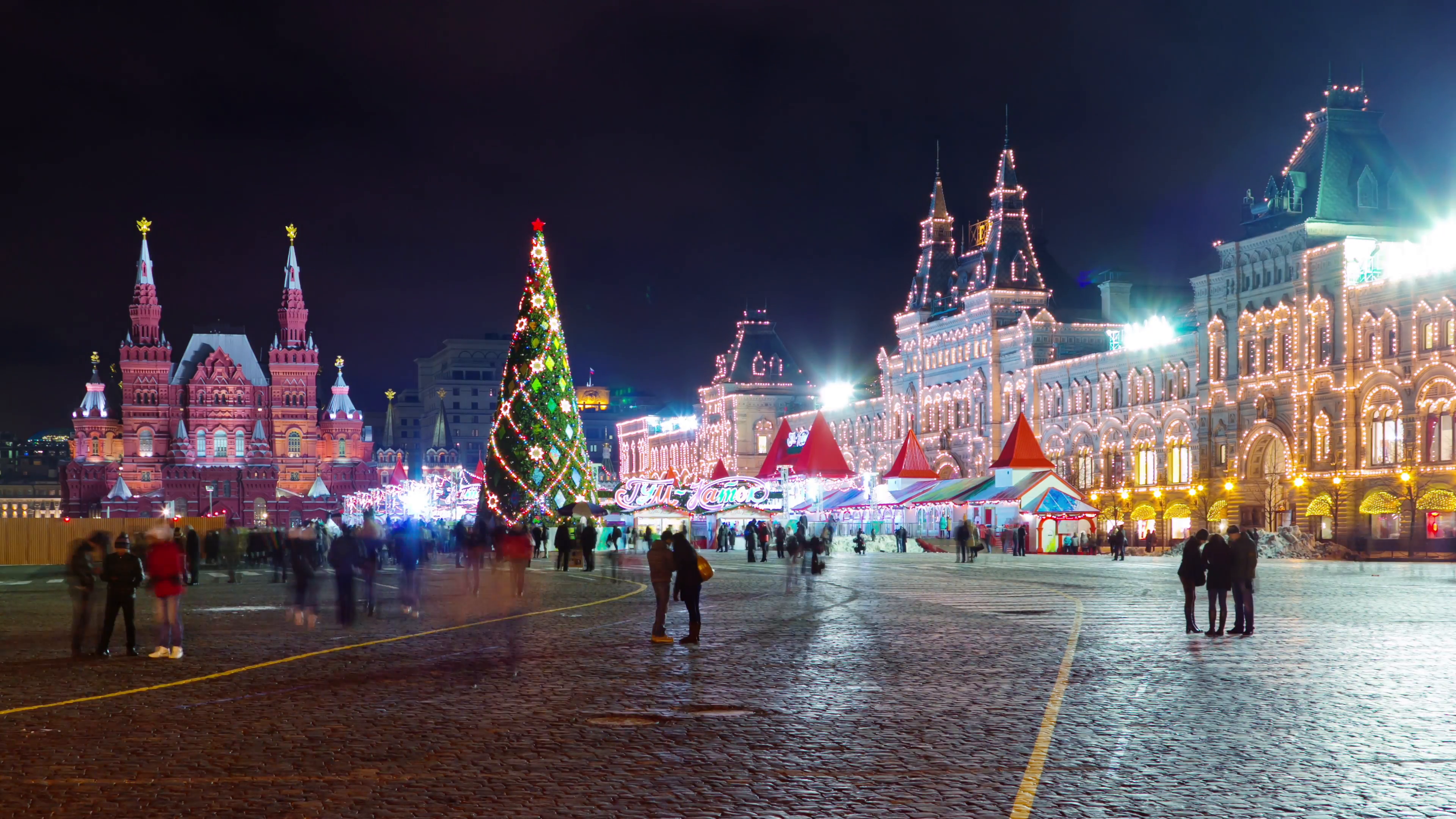 night illumination moscow winter red square gum fairy 4k time lapse ...