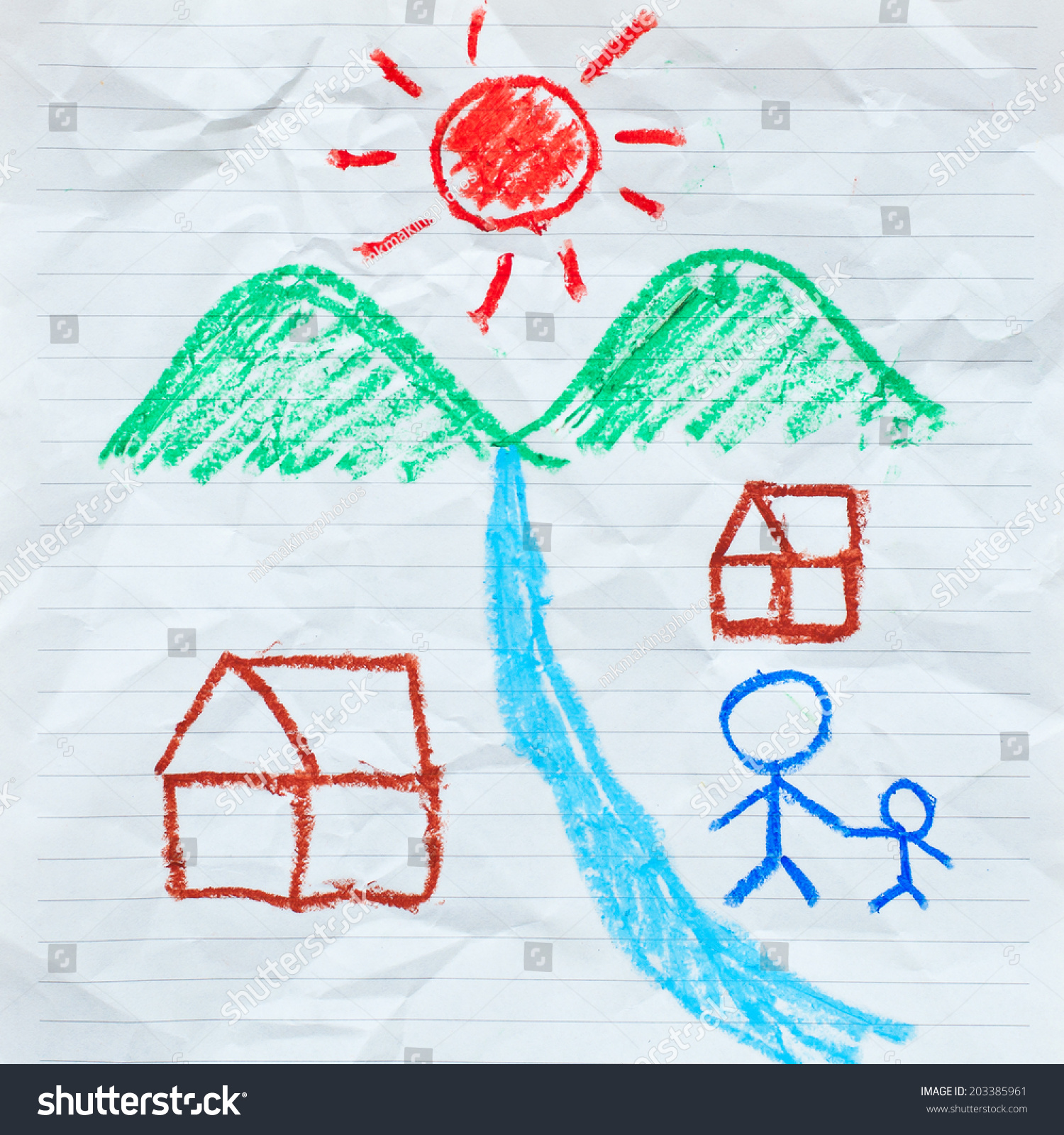 Drawing Family Houses Mountain River Sun Stock Illustration ...