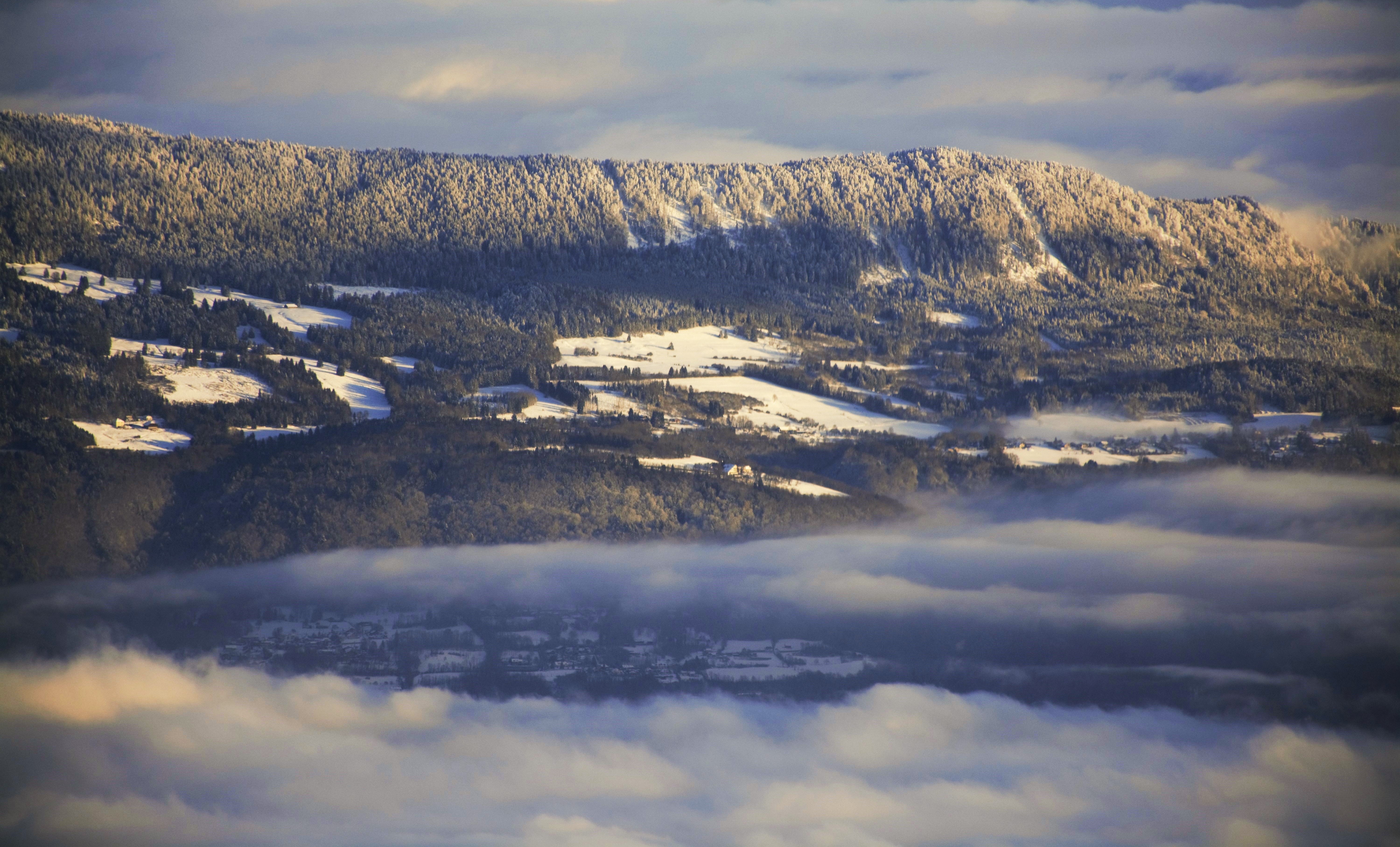 Mountain Skyline Shot, Clouds, Mountain peak, Trees, Snow, HQ Photo