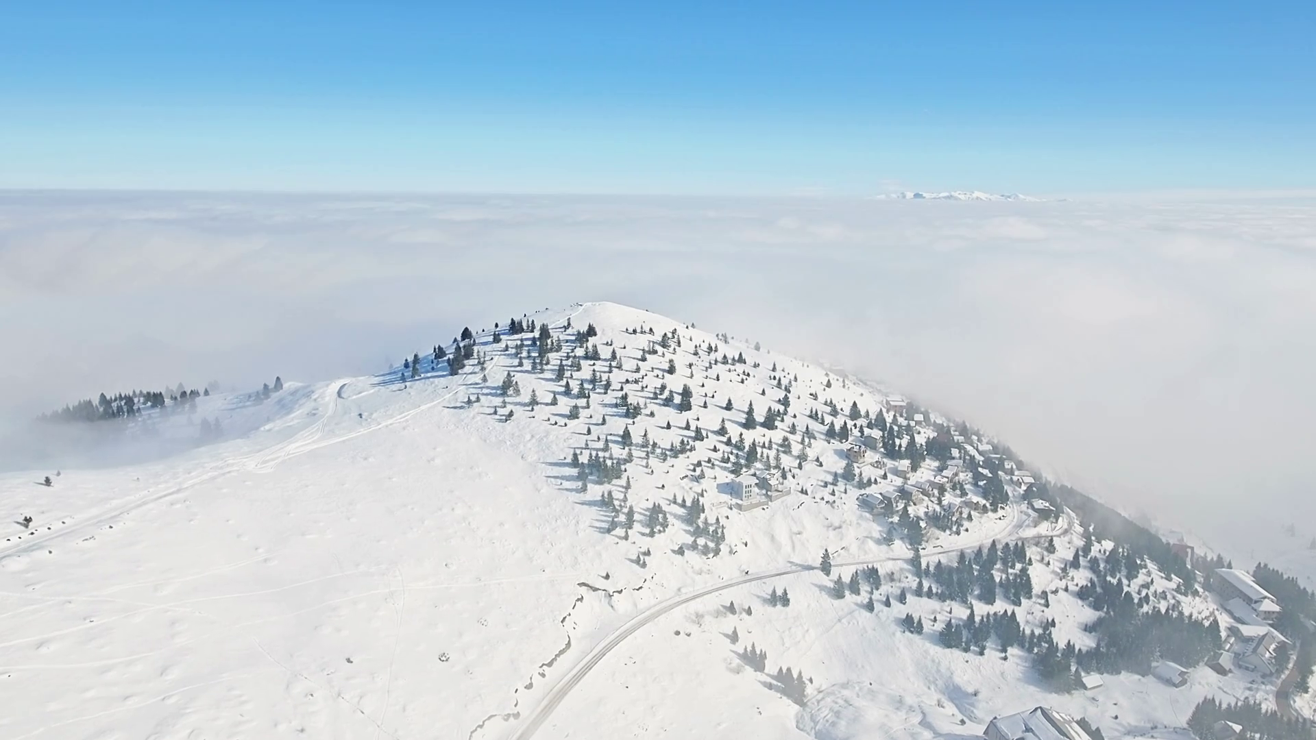 Beautiful winter landscape mountain summit dense layer fog hilly ...
