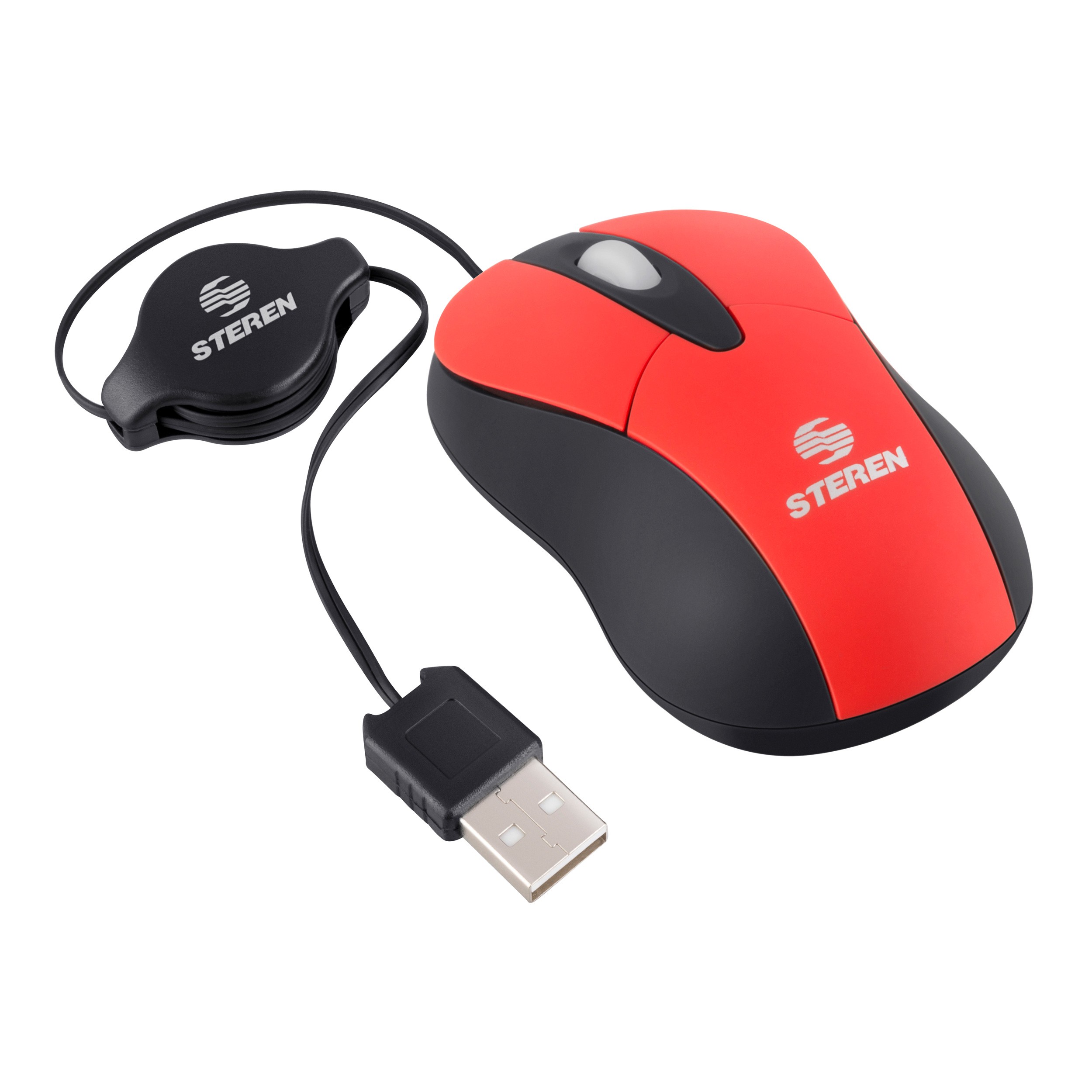 Mini mouse óptico USB con cable retráctil, rojo