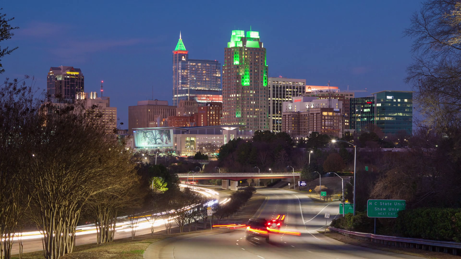 Raleigh NC Cityscape Night Timelapse with Moving Traffic Entering ...