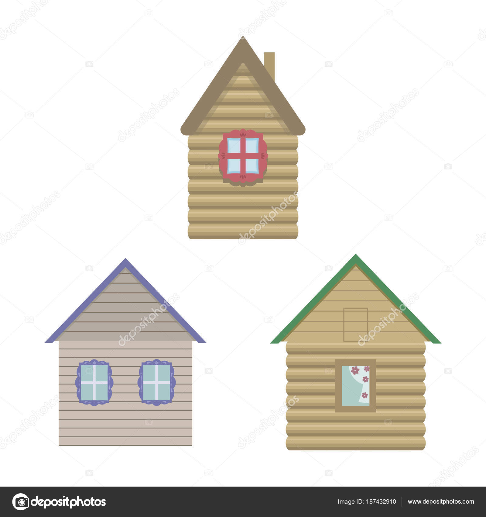 vector brown light cute wooden houses with windows and multi-colored ...