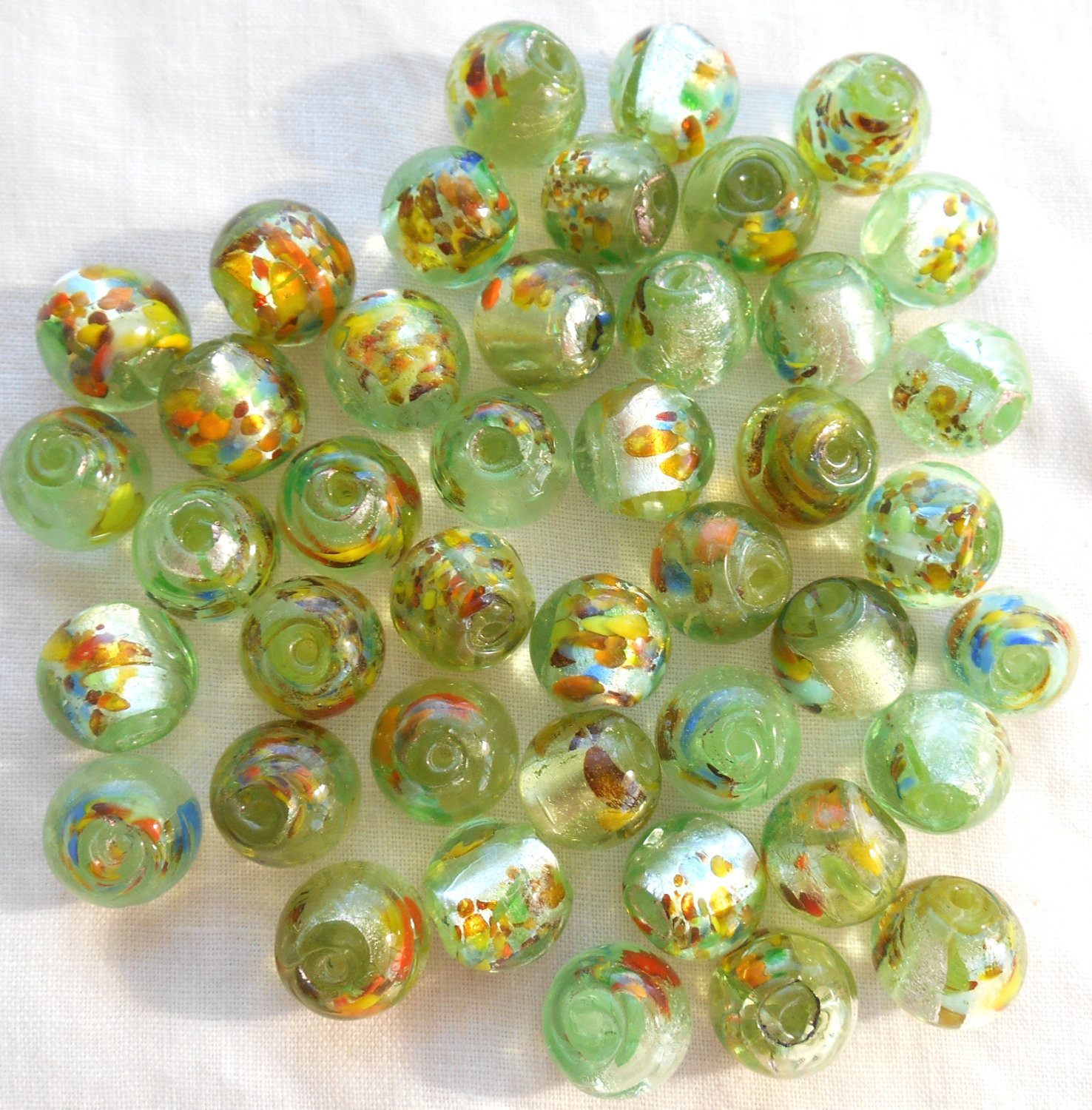 Six 12mm Light green glass speckled, multicolor round foil beads ...