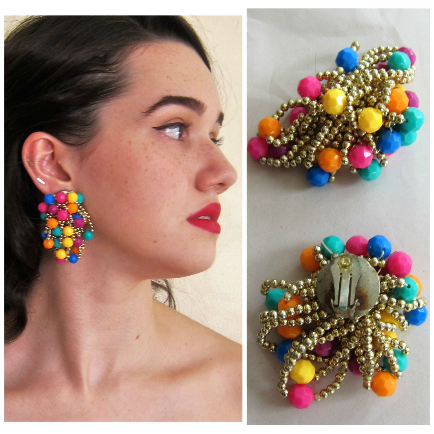 Vintage 1960s Oversized Earrings in Multicolored Strand Clips / 60s ...