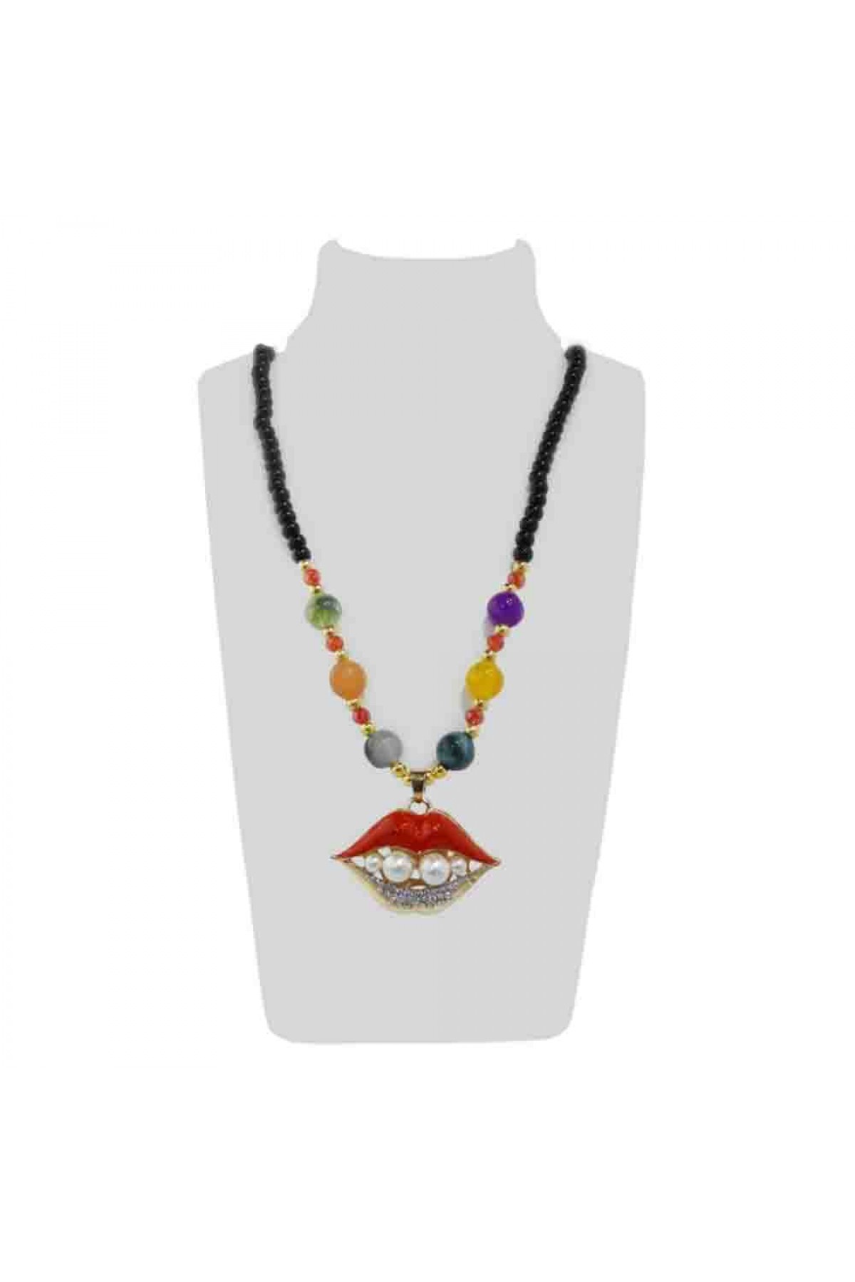 Beads And Stone Lips Shape Necklace