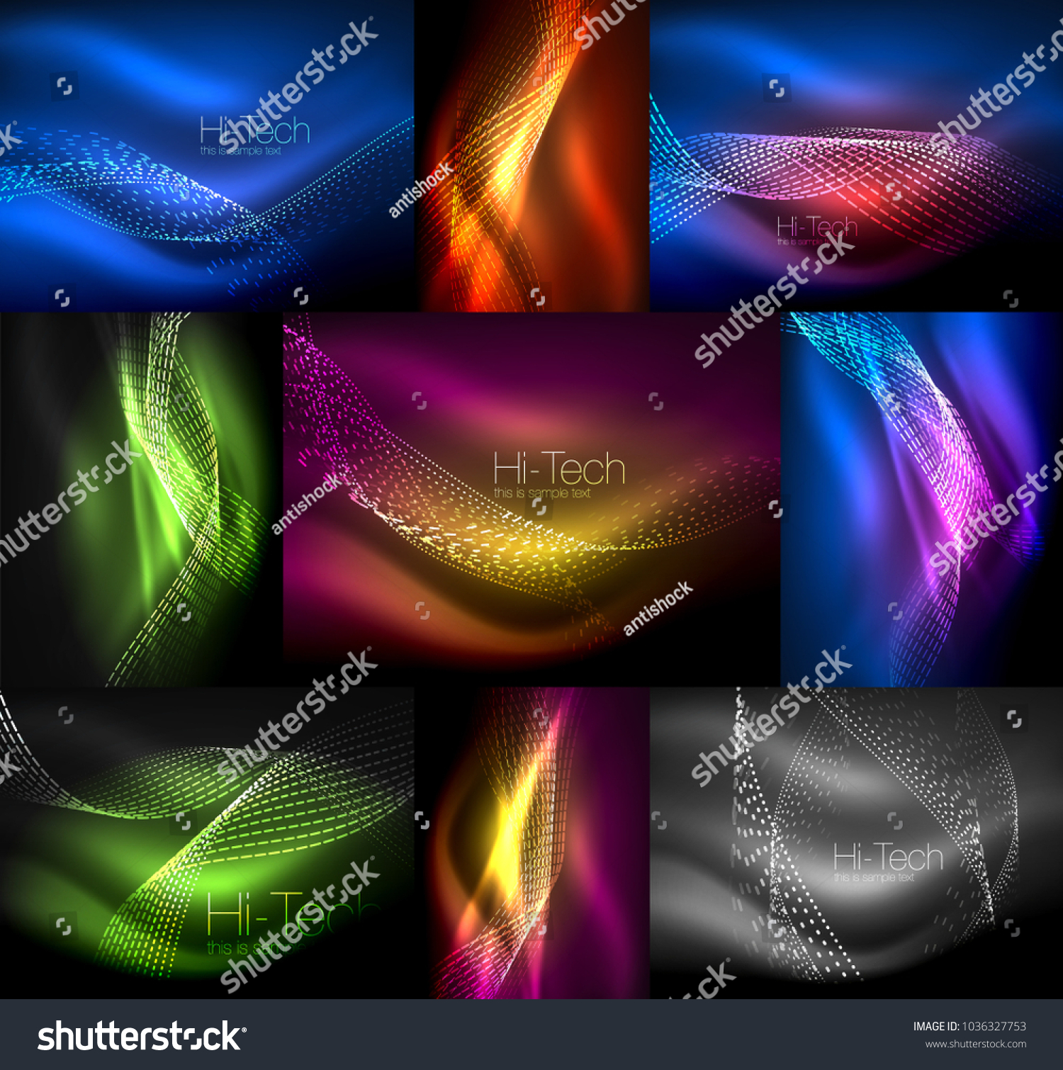 Set Multicolored Neon Smoke Particles Waves Stock Vector (2018 ...