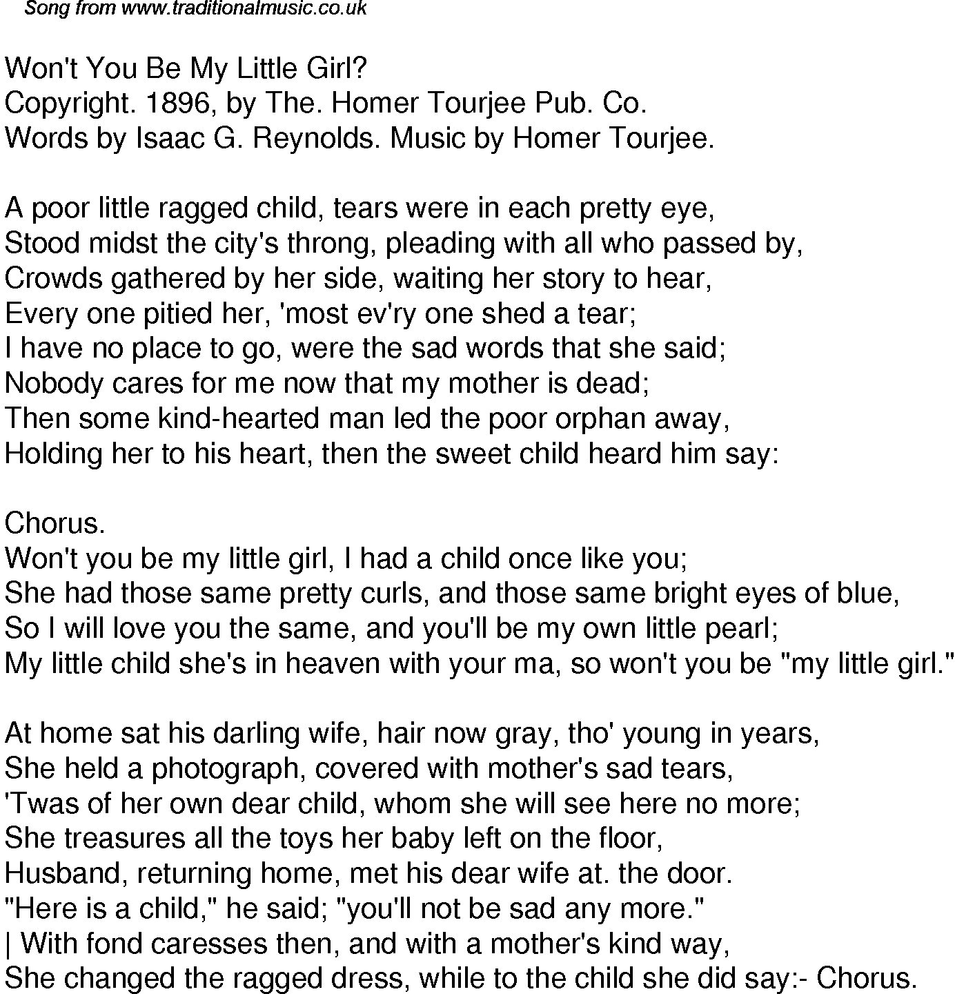 Old Time Song Lyrics for 54 Wont You Be My Little Girl