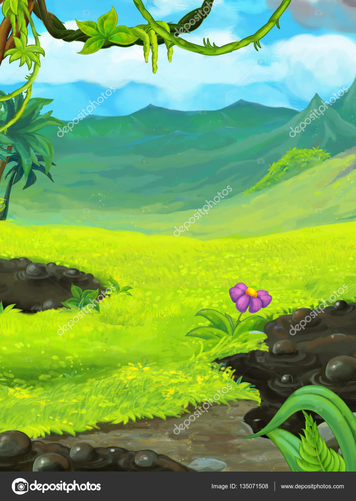 Cartoon nature scene with swamps near the jungle - illustration for ...