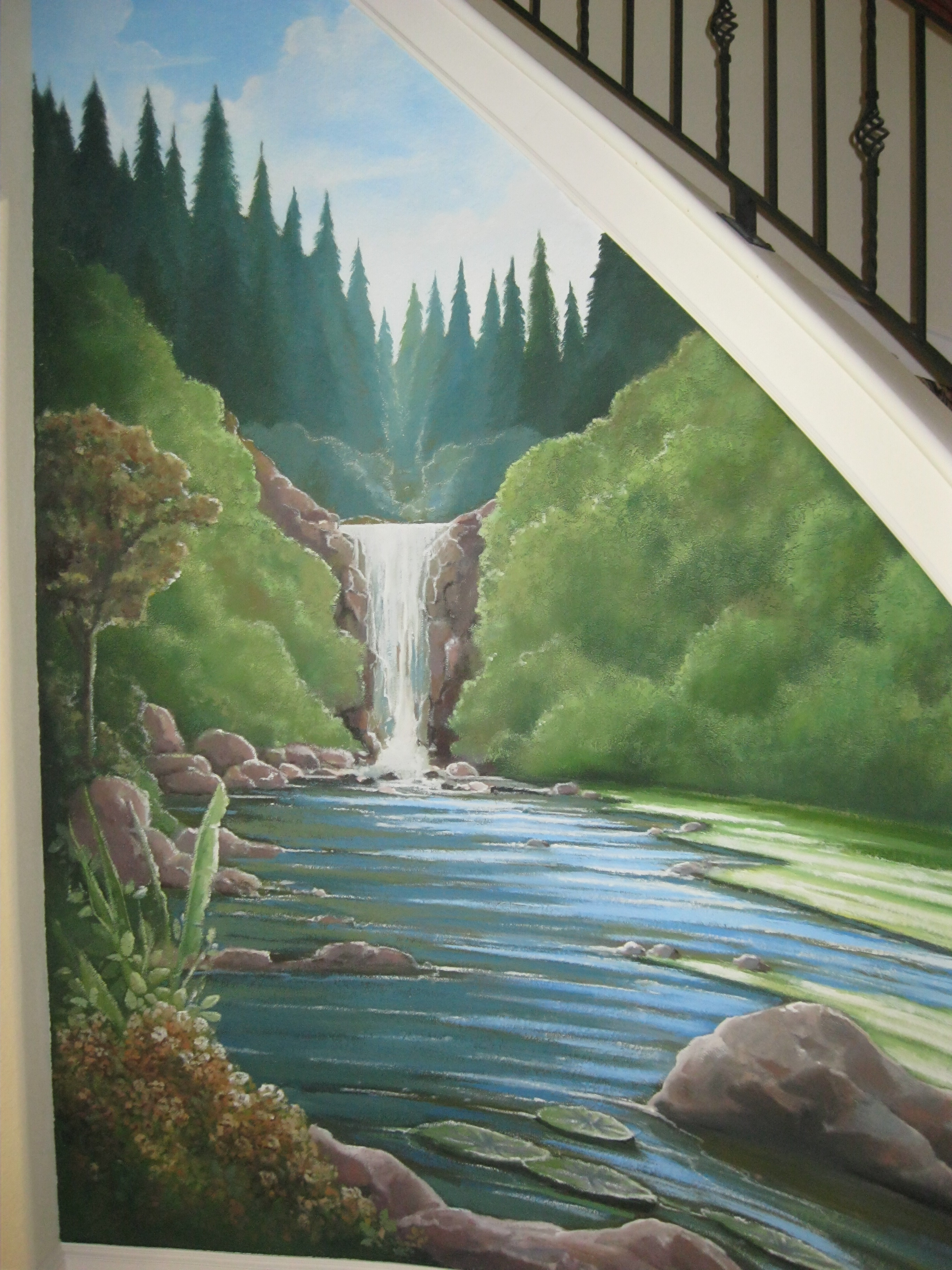Nature, waterfall mural under a staircase. www.dwcustommurals.com ...