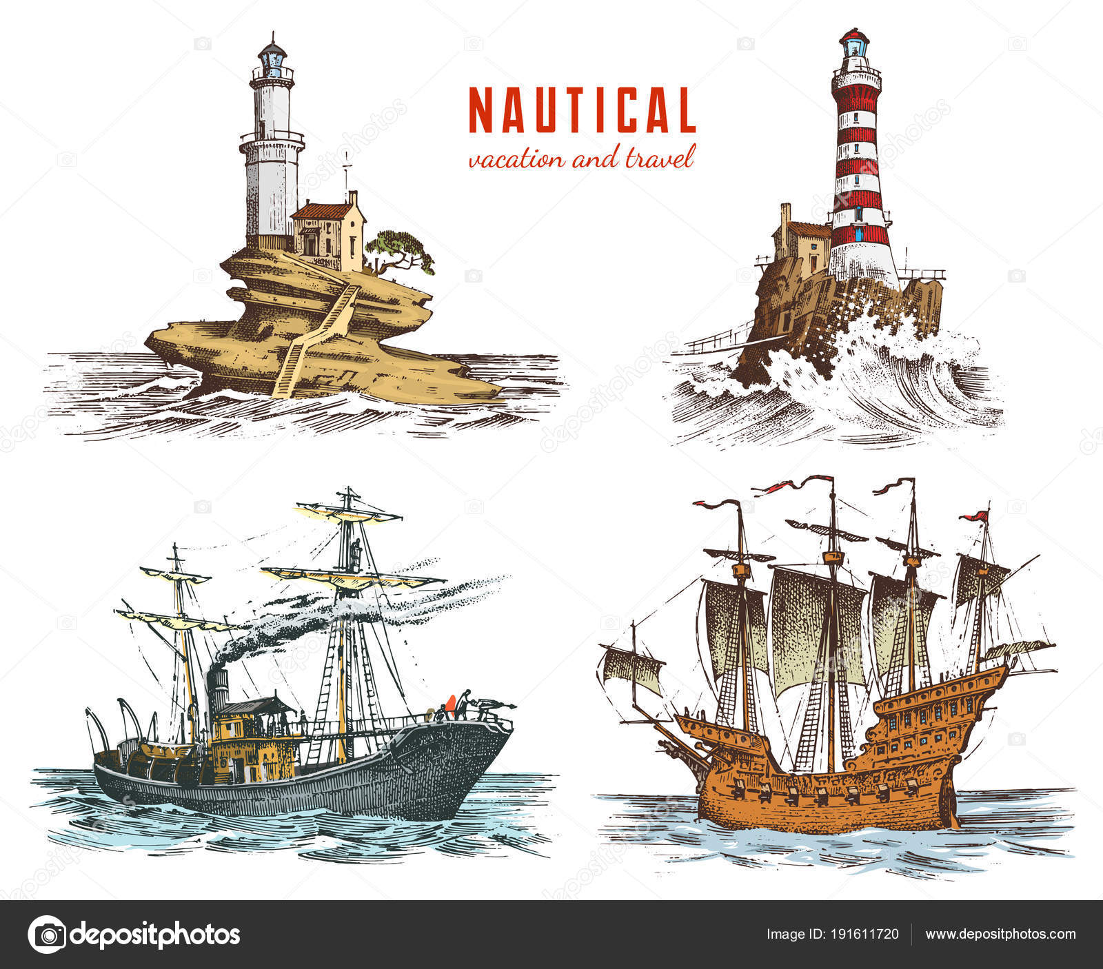 Lighthouse and sea. Marine sketch, nautical journey and seascape ...
