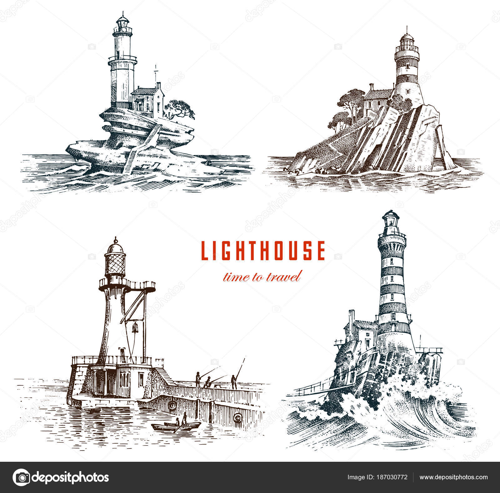 Lighthouse and sea. Marine sketch, nautical journey and seascape ...