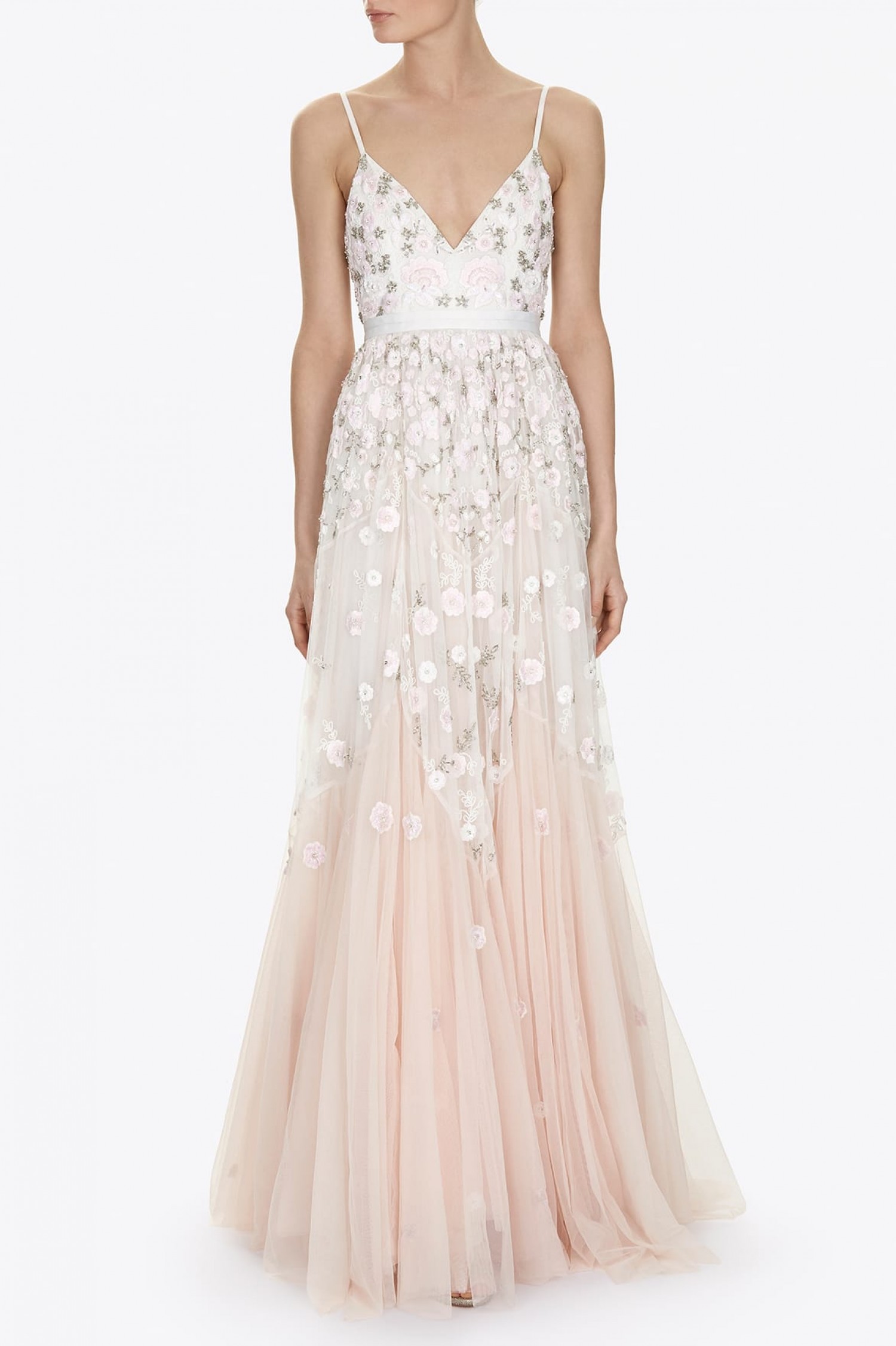 NEEDLE AND THREAD Trailing Tiered Blush Pink Gown - We Select Dresses