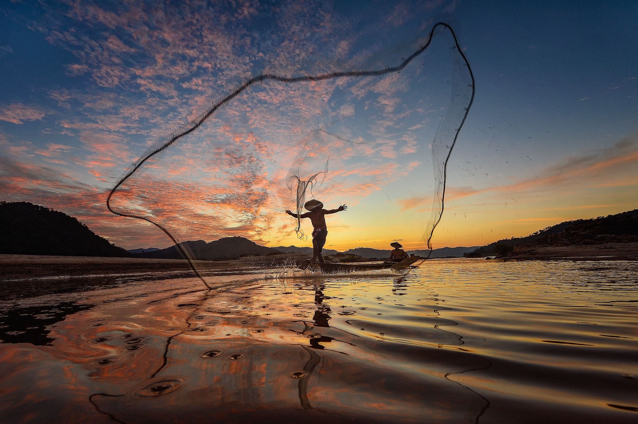 The nets,Thailand - Silluate fisherman and boat in river on during ...
