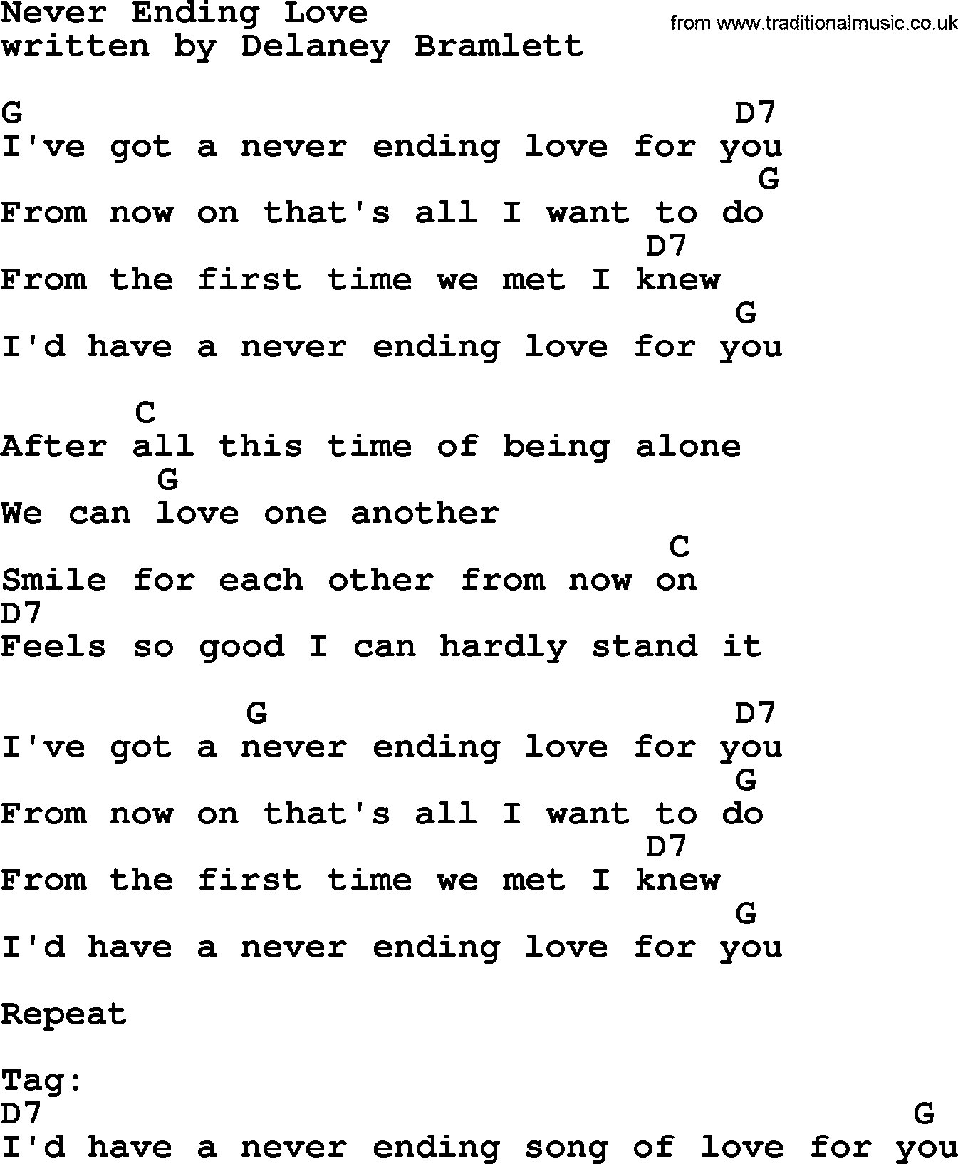 Loretta Lynn song: Never Ending Love, lyrics and chords