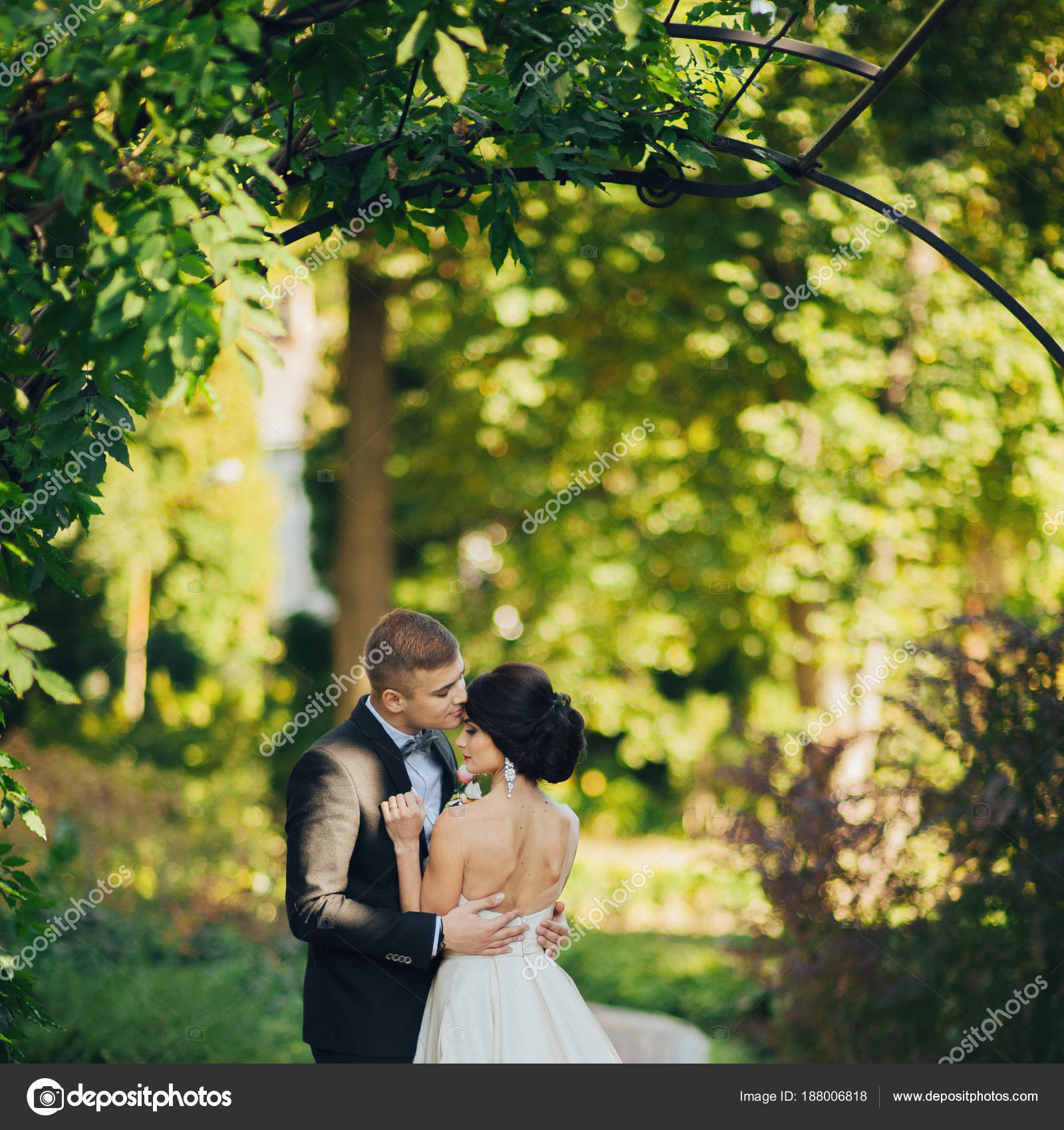 Newly Wedded Couple Hugging Trees Park — Stock Photo © LadanivskyyO ...