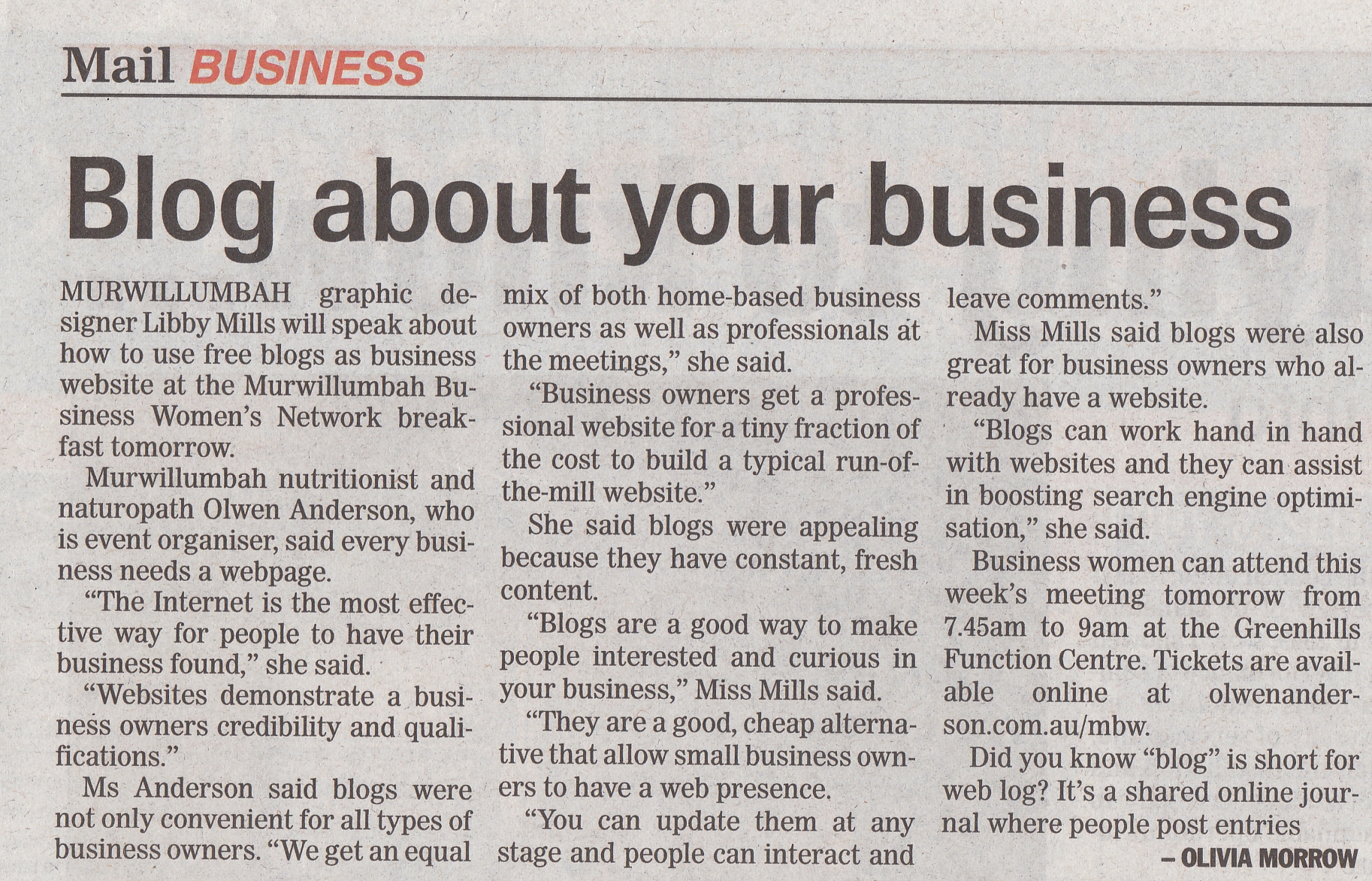 Blog About Your Business – Newspaper article – Libby Mills