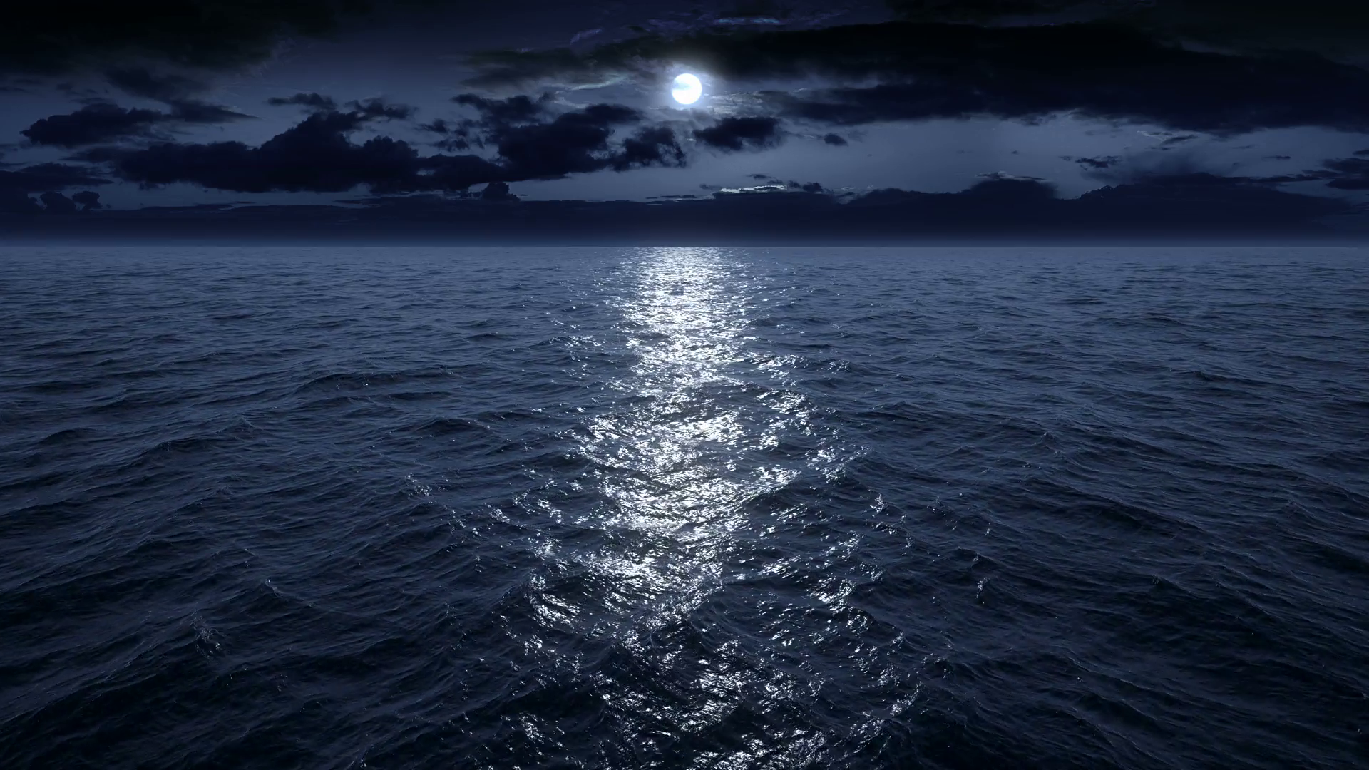 Flying over the ocean at night. Facing the moon. Full HD Motion ...