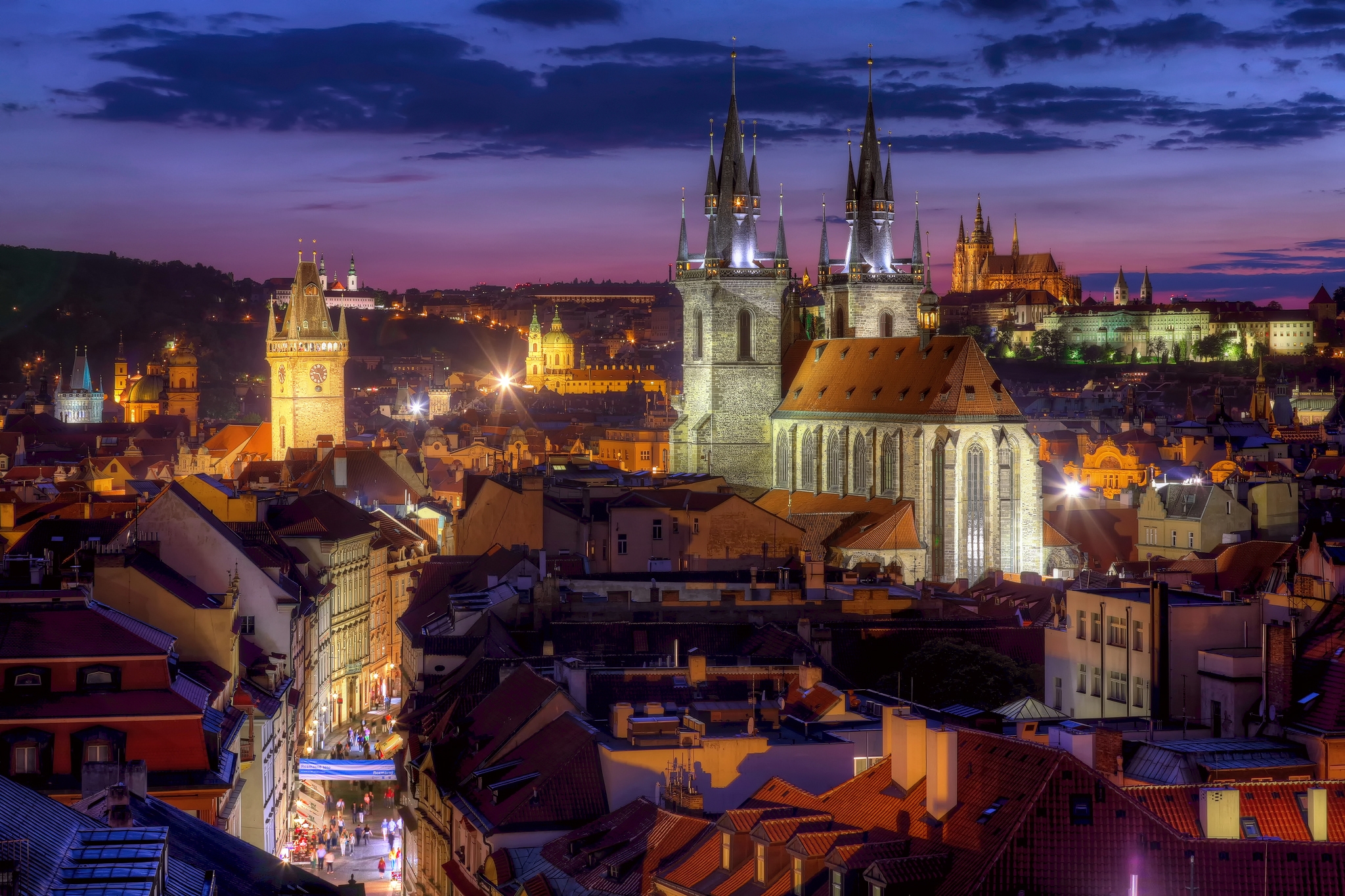 Wallpaper Tyn Church, panorama, roofs, night city, Prague, Czech ...