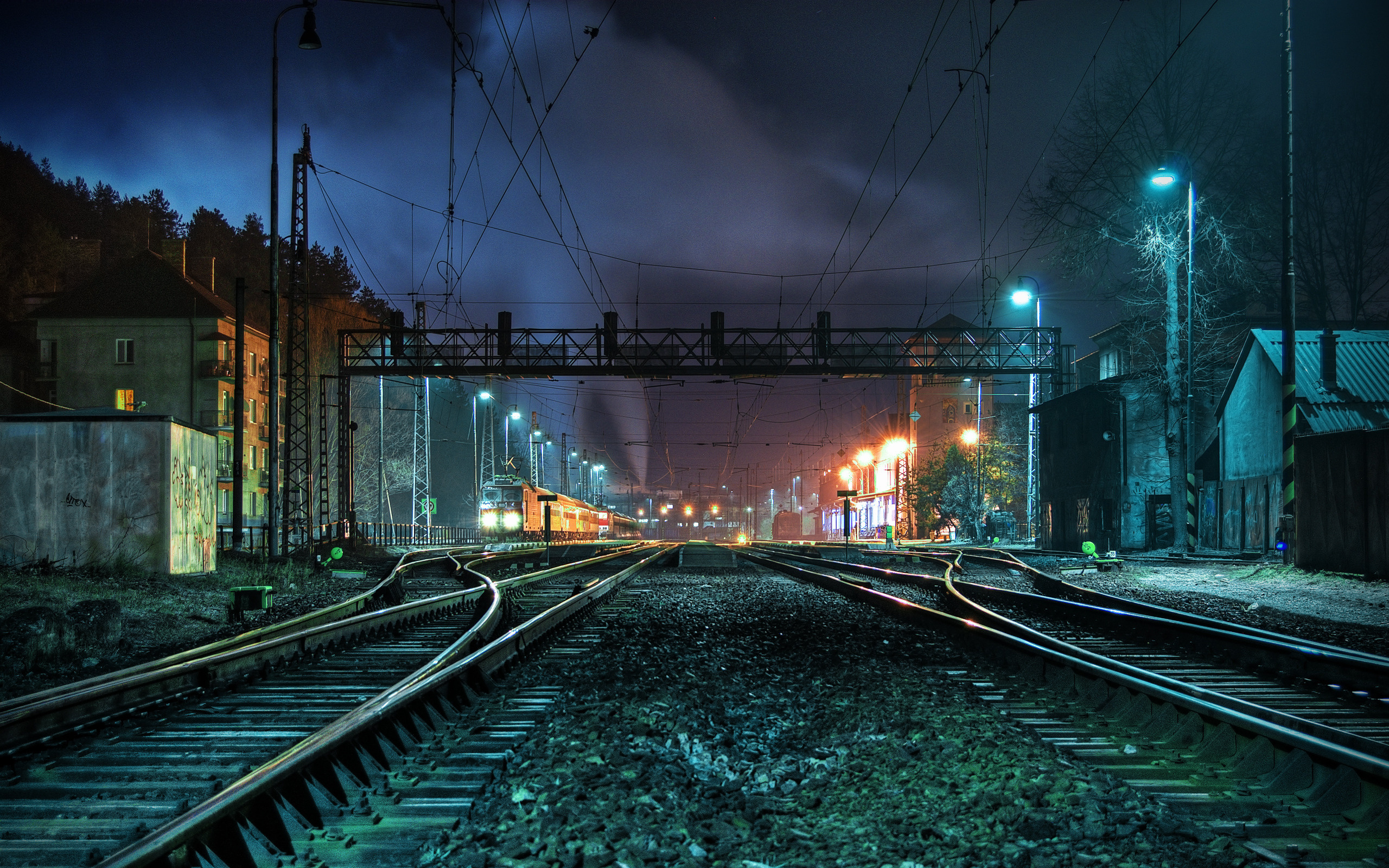 Wallpaper Railroad, Rails, railway station, train, night desktop ...