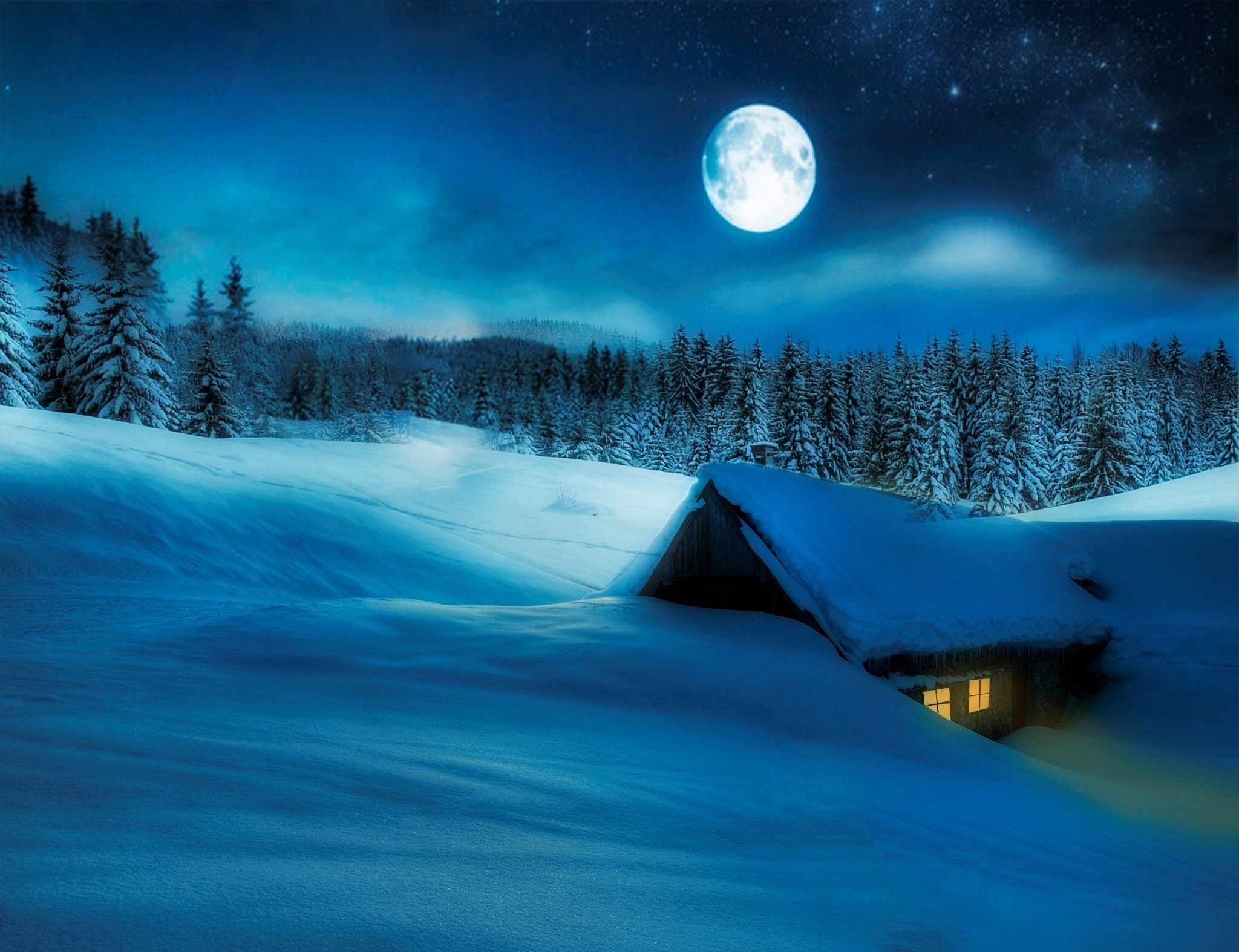 Winter: Night Winter Snow Moon Scene Landscape Desktop Wallpaper for ...