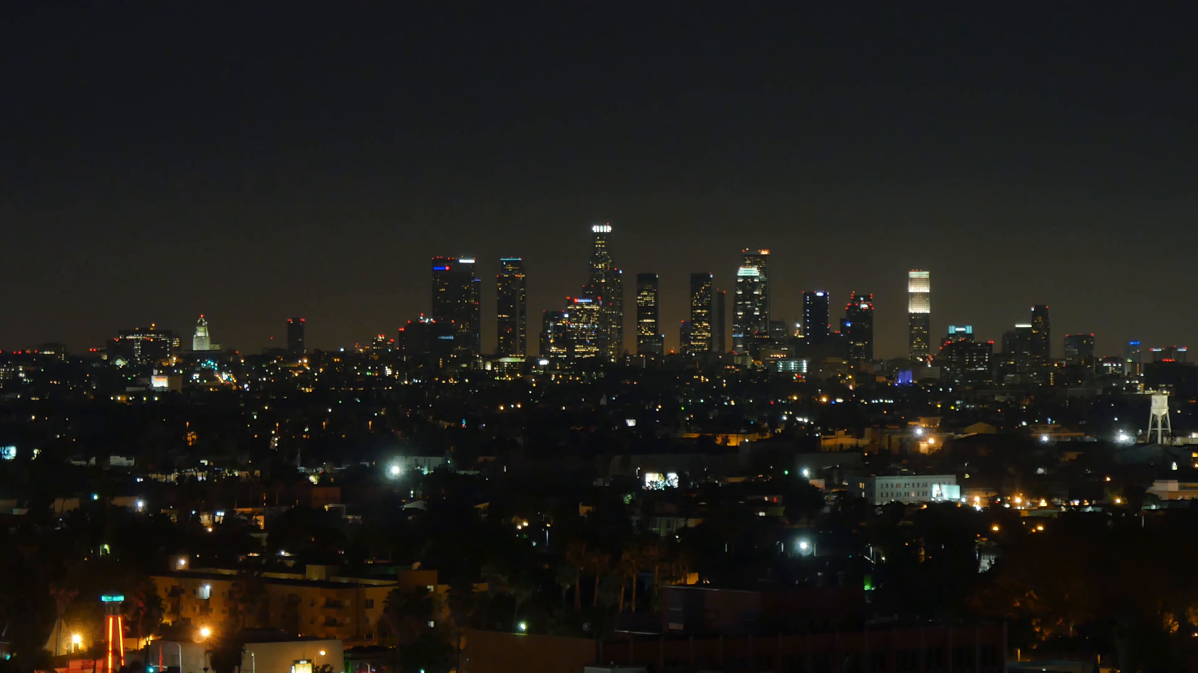 A nighttime establishing shot of the Los Angeles skyline. Stock ...