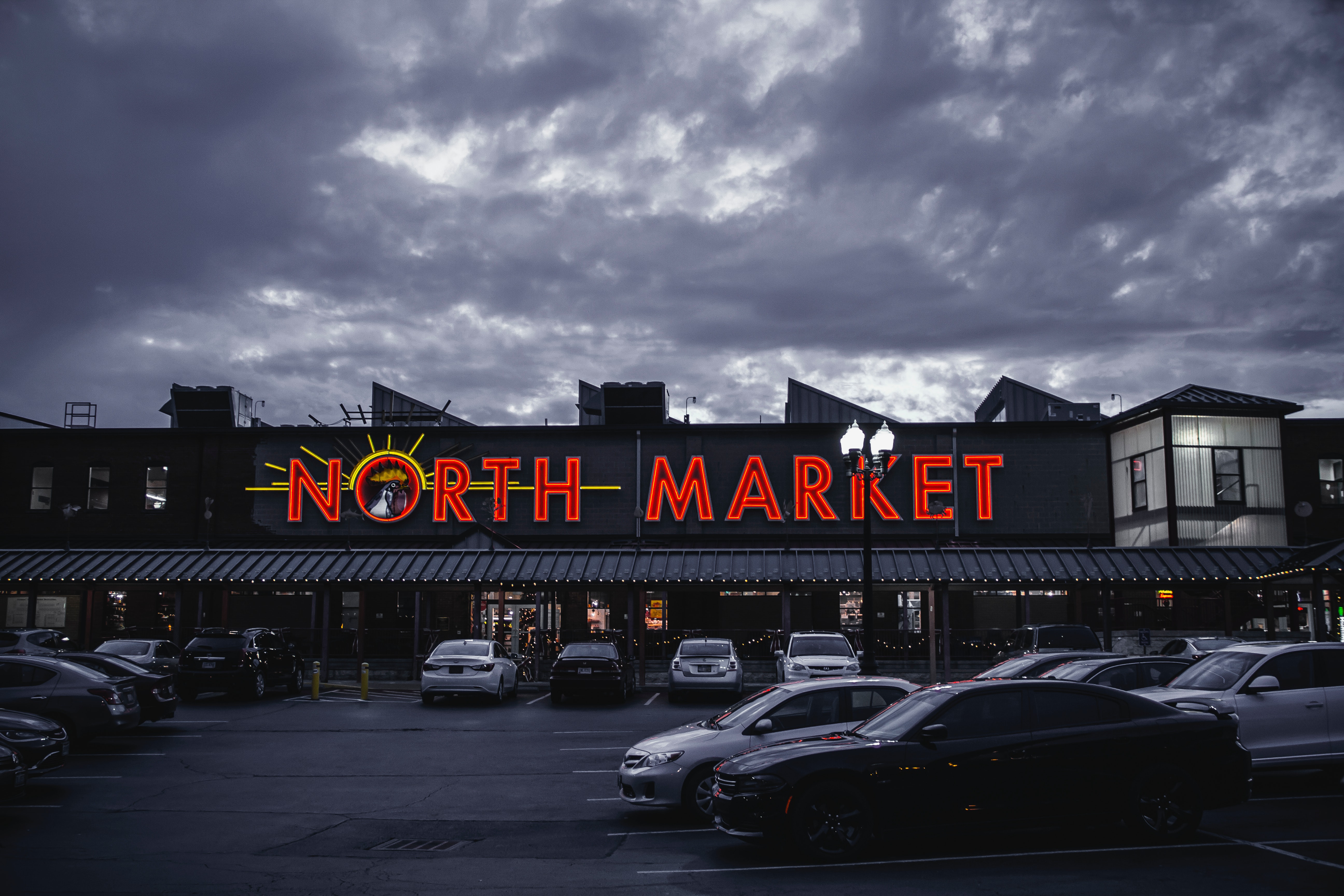 North Market Signage Building Under Gray Sky, Asphalt, Road, Weather, Vehicles, HQ Photo