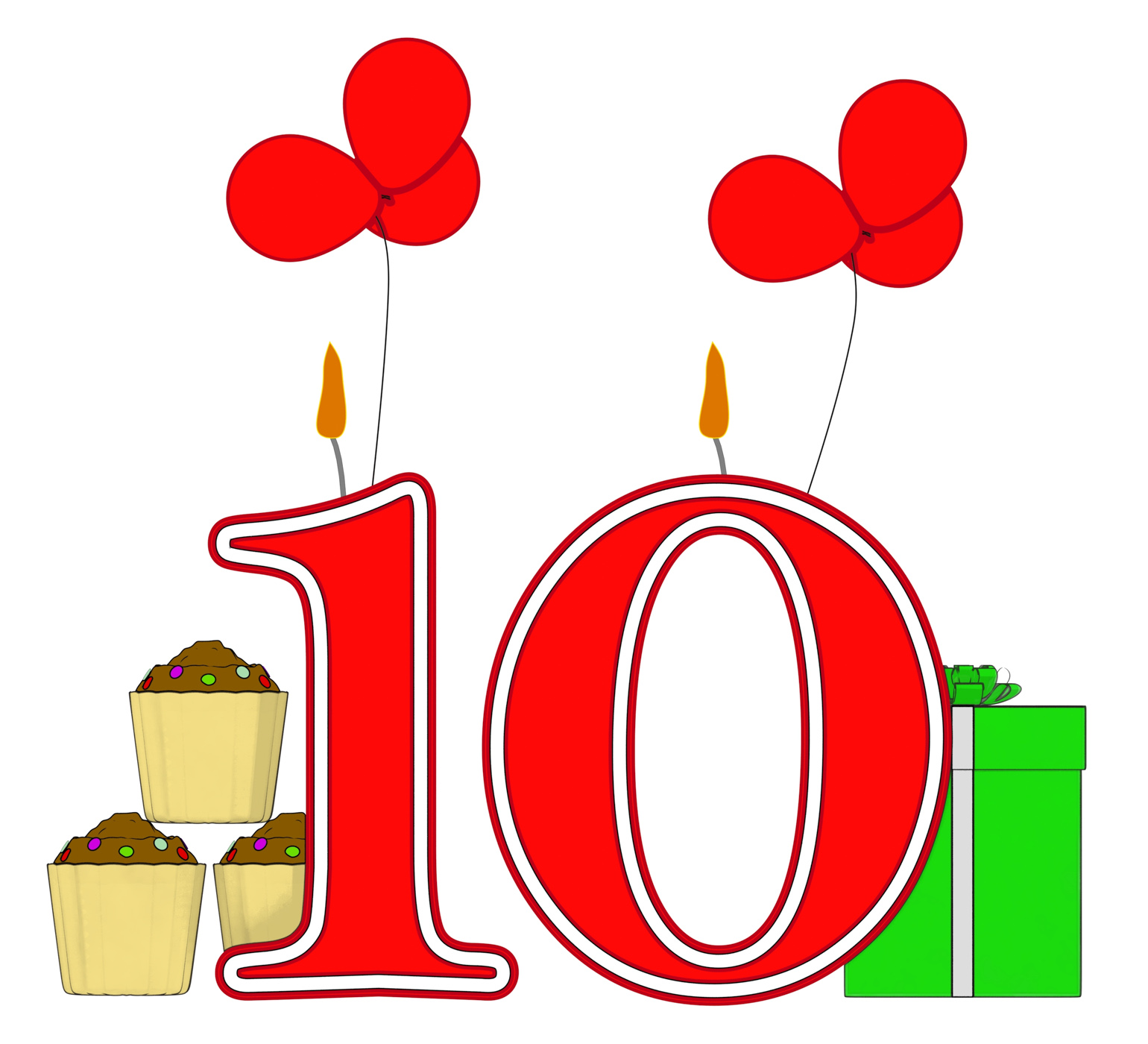 Number ten candles mean birthday presents and decorated cupcakes photo