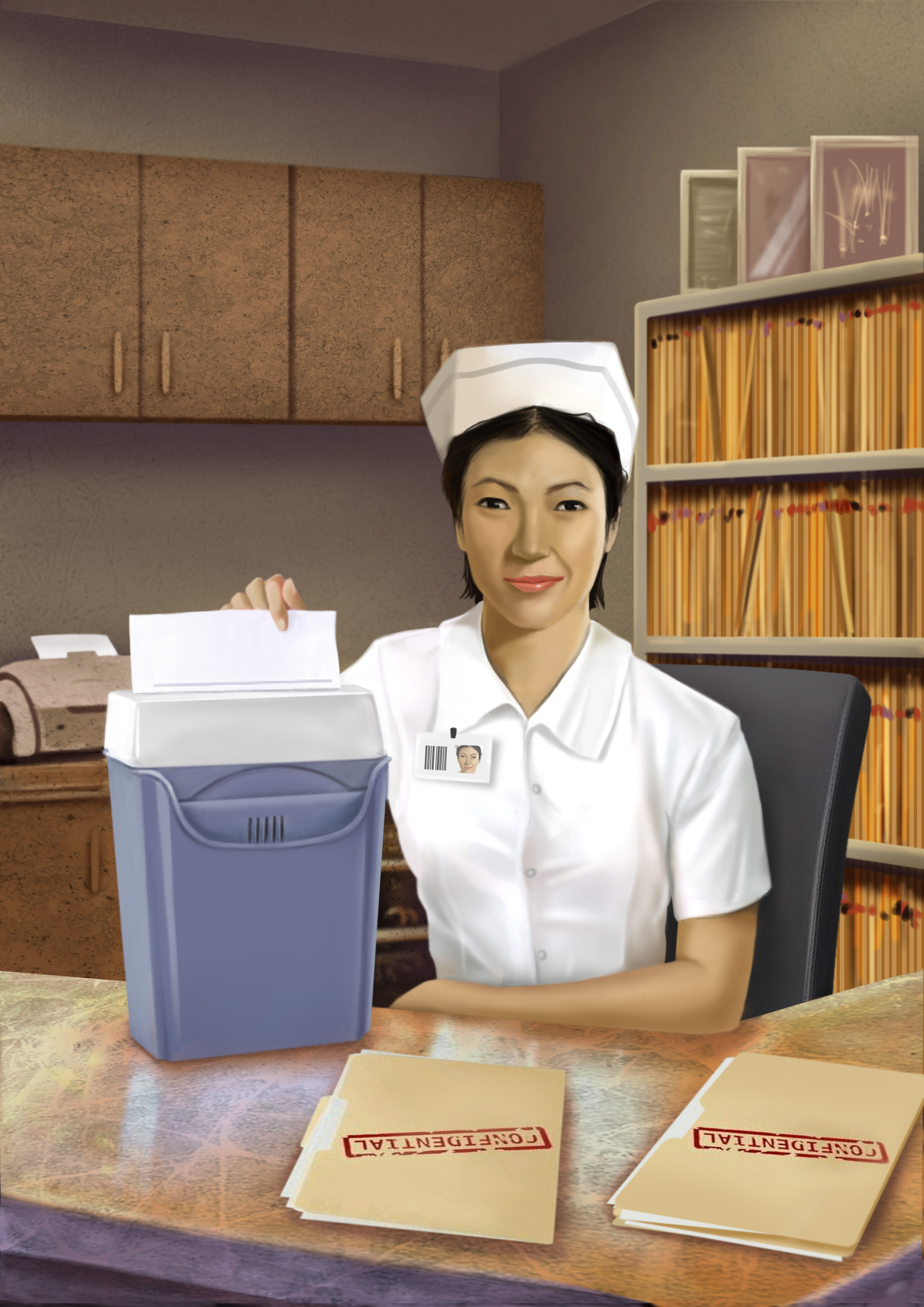 Nurse shredding papers photo
