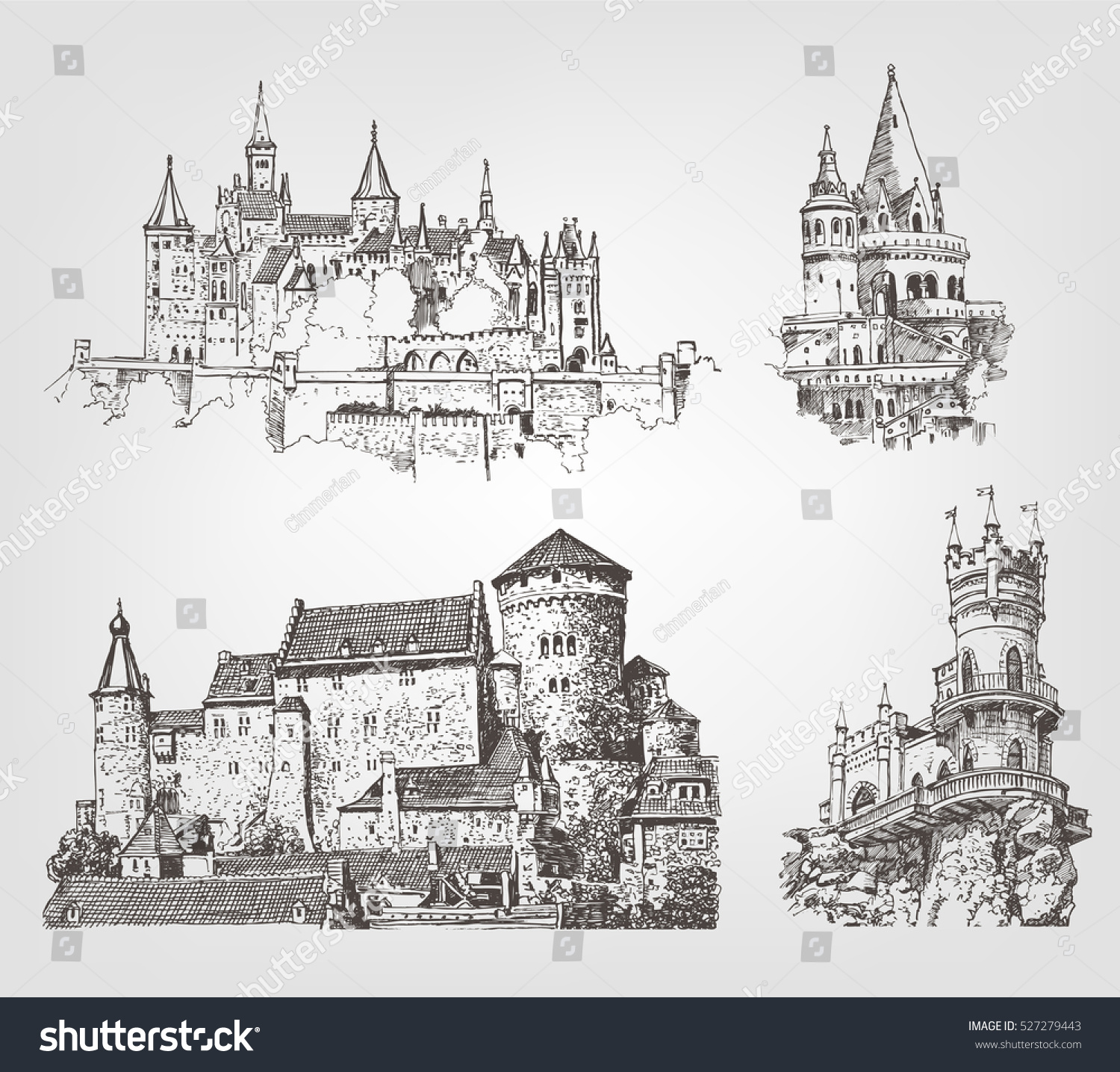 Vector Old Castle Illustrations Set Countrysides Stock Vector ...