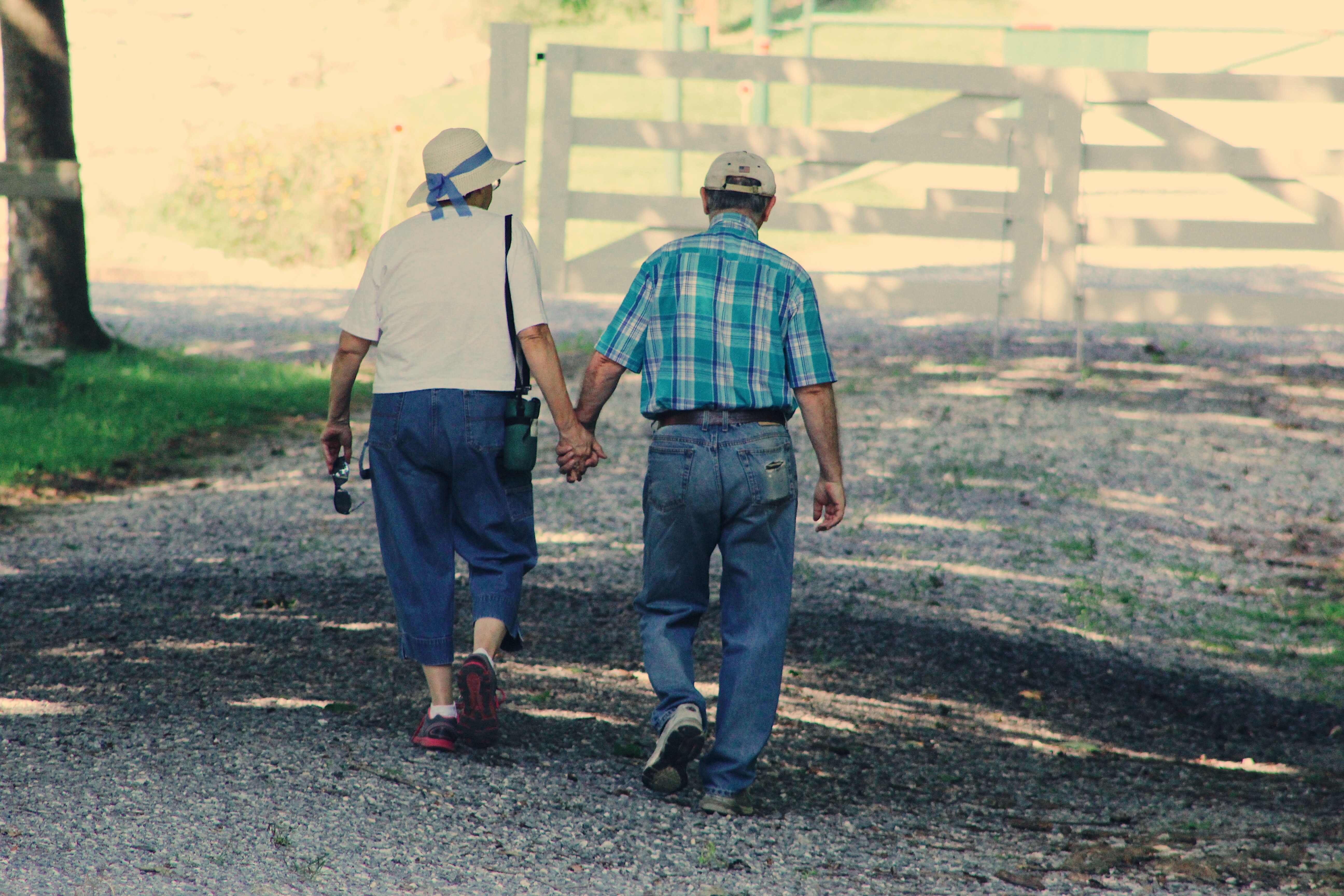 Old couple walking while holding hands photo