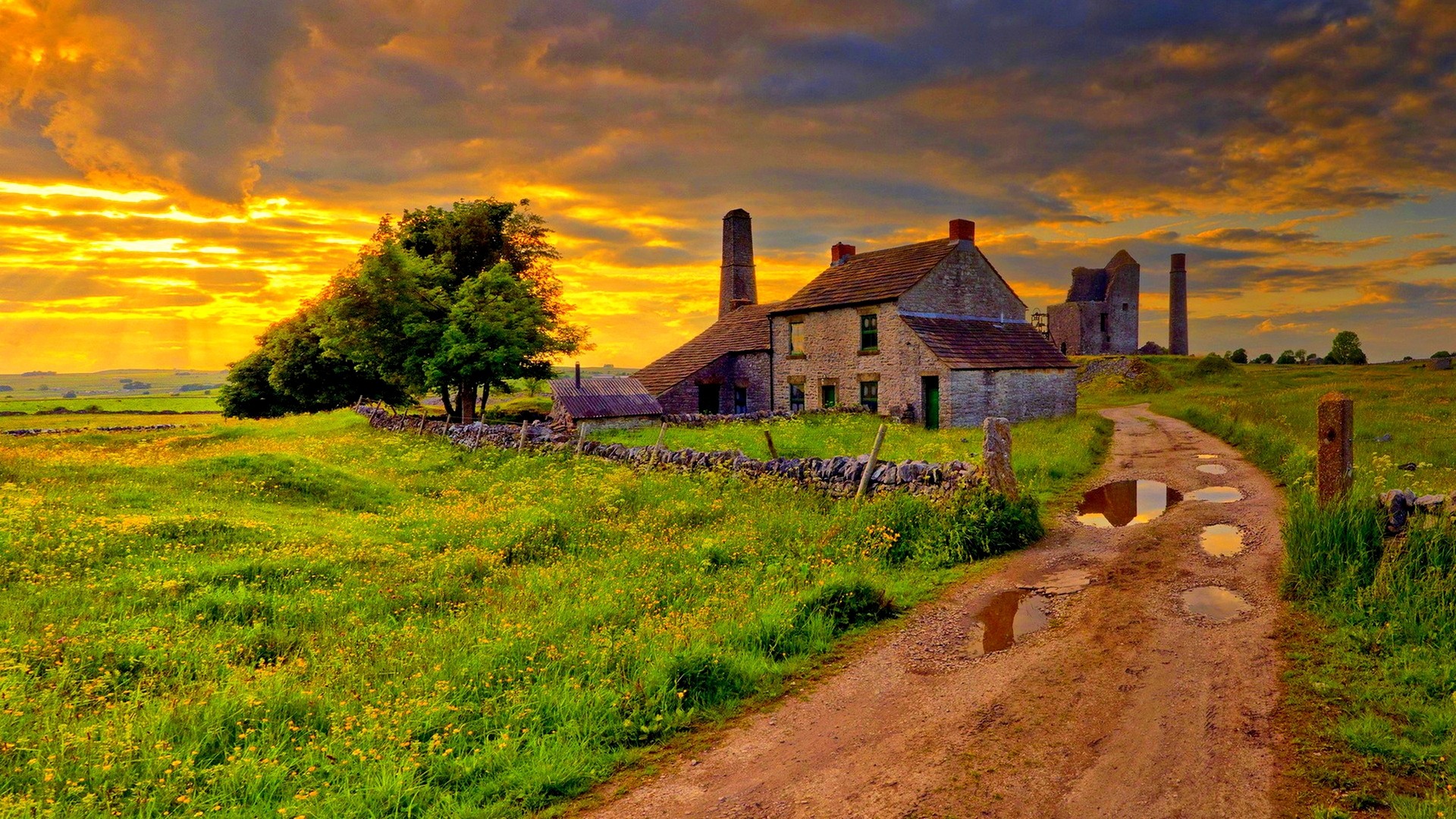 Farms: Old Farm Storm Hs Stone Road Clouds House Puddles Wallpaper ...
