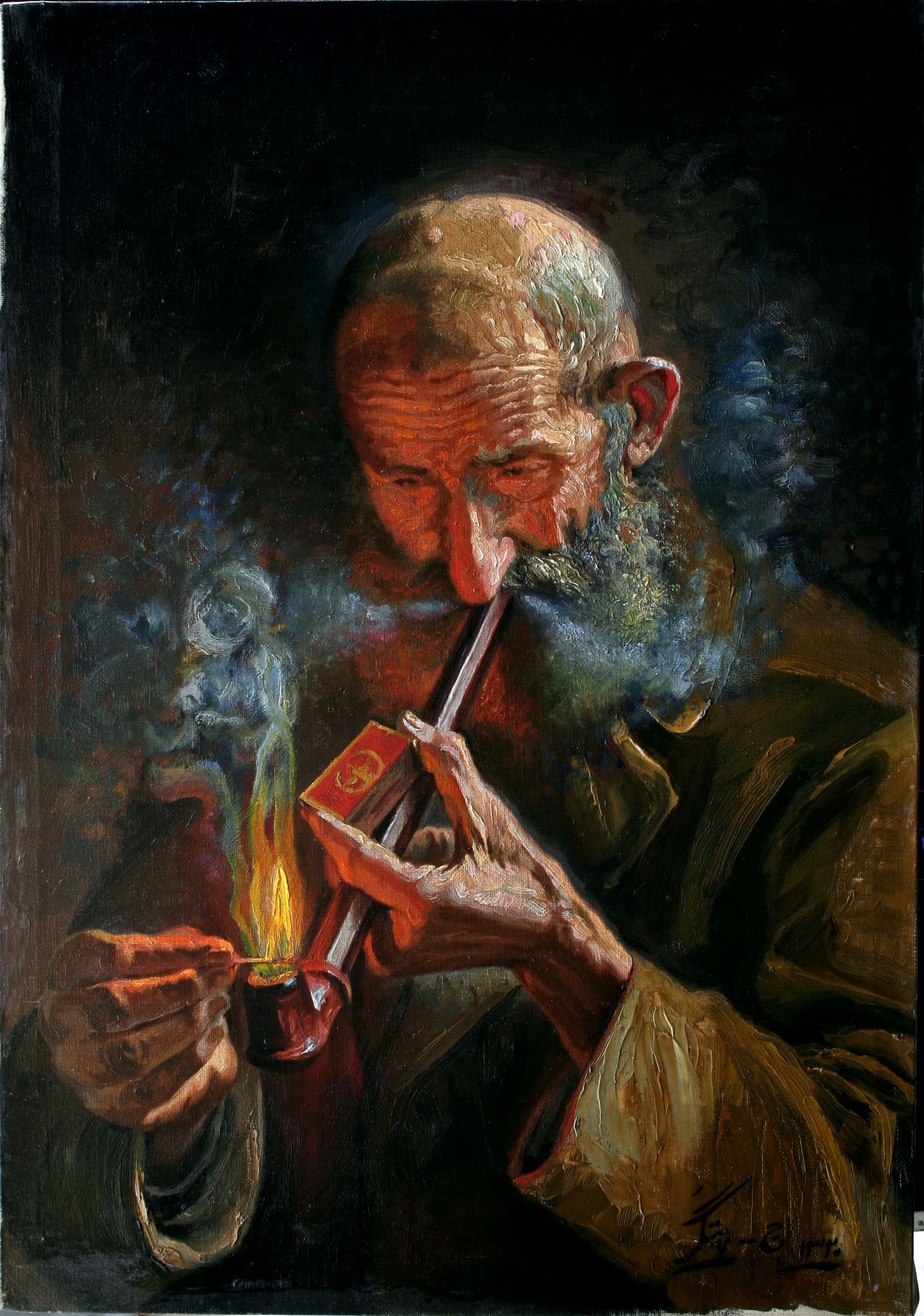 Old man smoking pipe- Oil painting on canvas - by Jafar Petgar ...